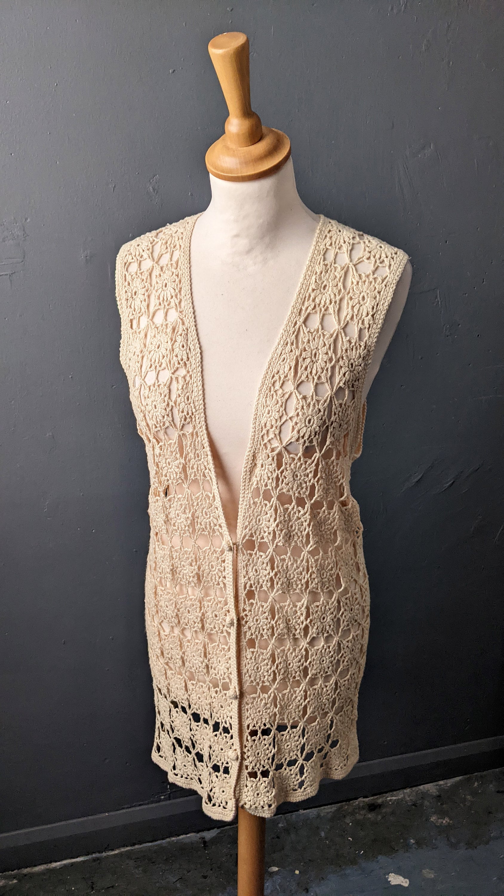 Vintage Crochet Vest, 90s Sleeveless Cardigan, Size Small