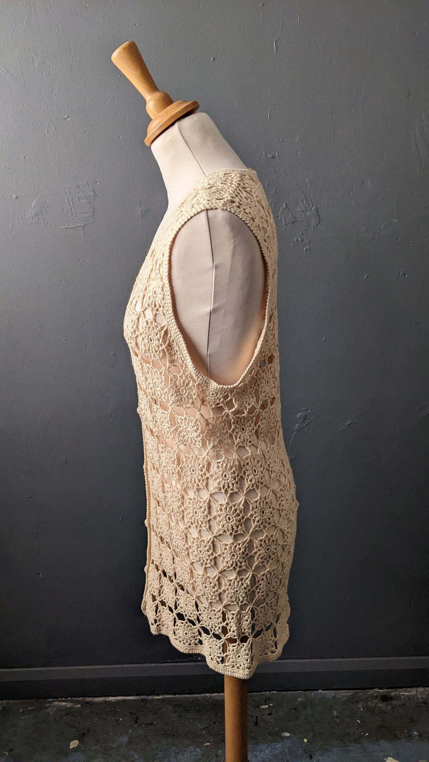 Vintage Crochet Vest, 90s Sleeveless Cardigan, Size Small