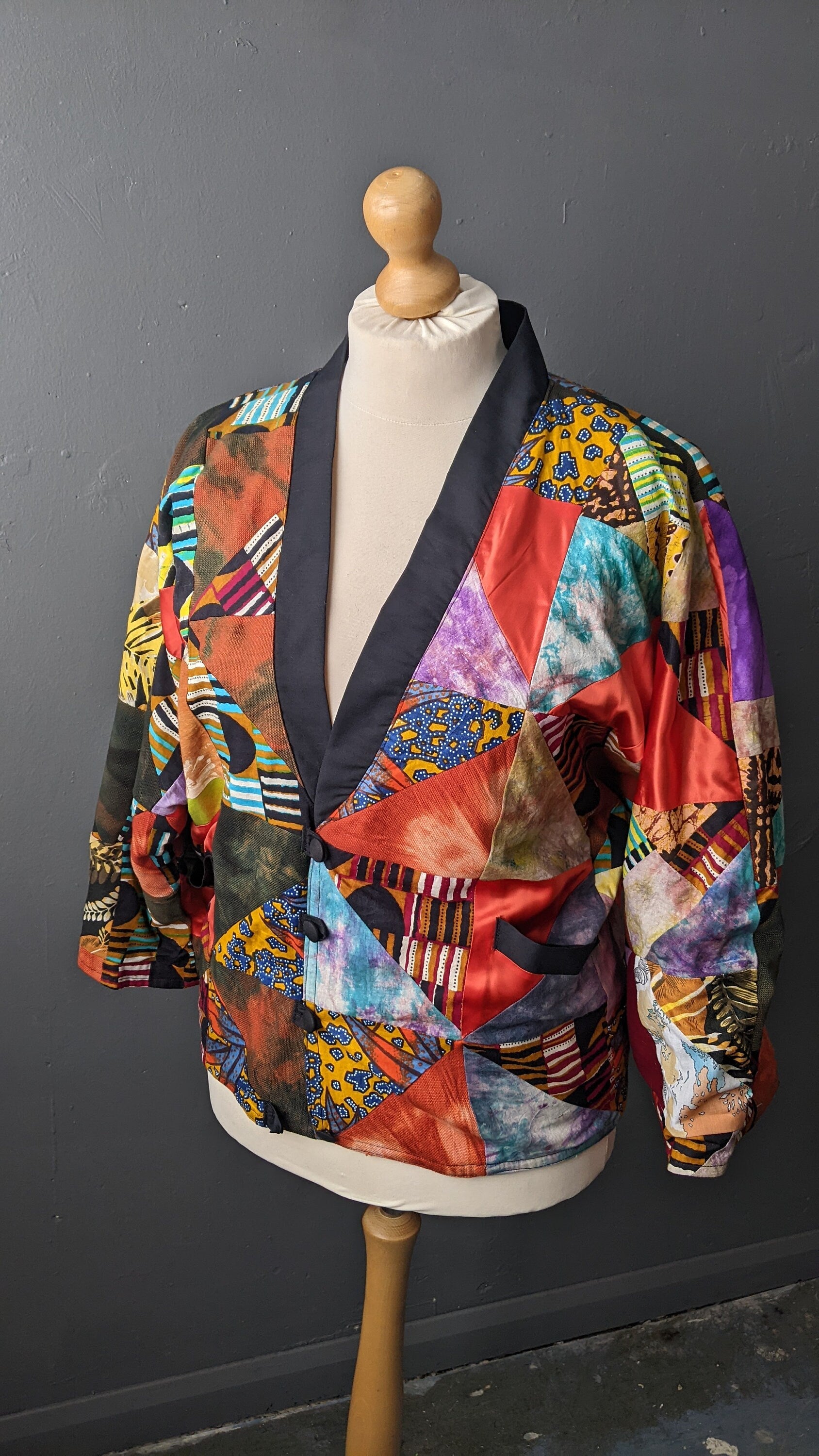 80s Multicoloured Patchwork Jacket, Vintage Handmade Batwing Coat, Size Medium