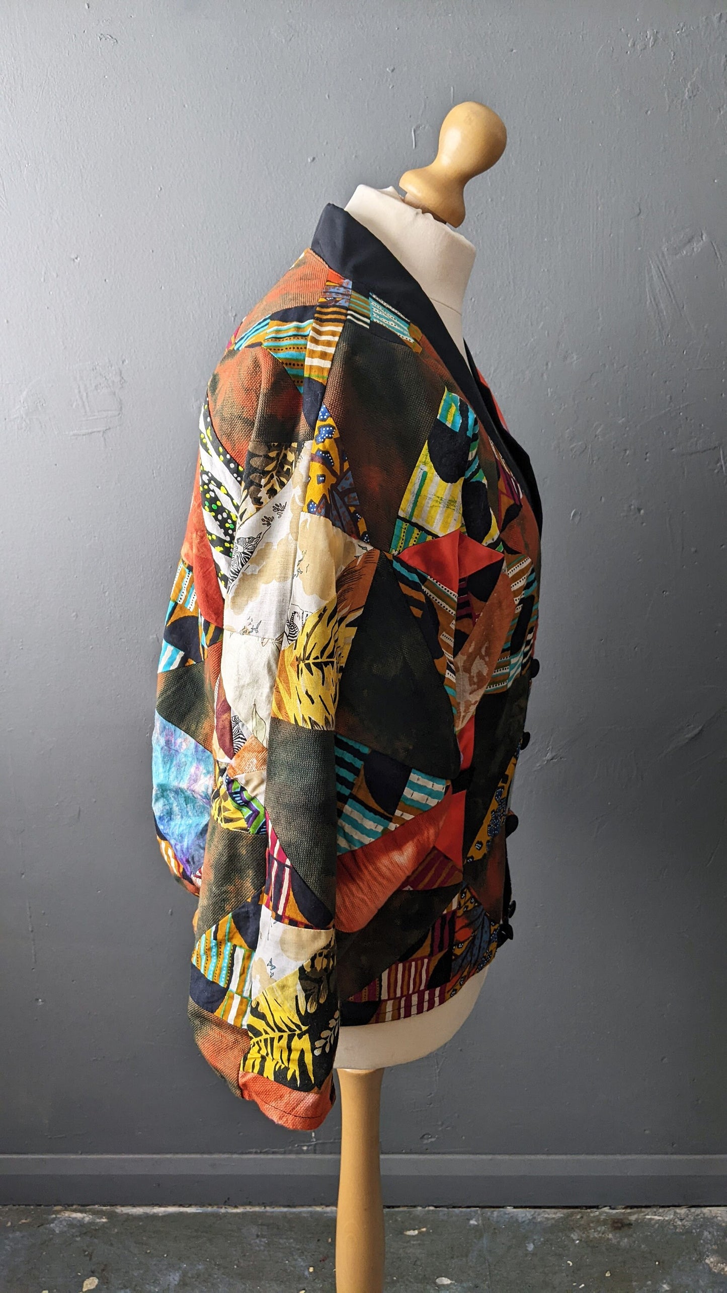 80s Multicoloured Patchwork Jacket, Vintage Handmade Batwing Coat, Size Medium
