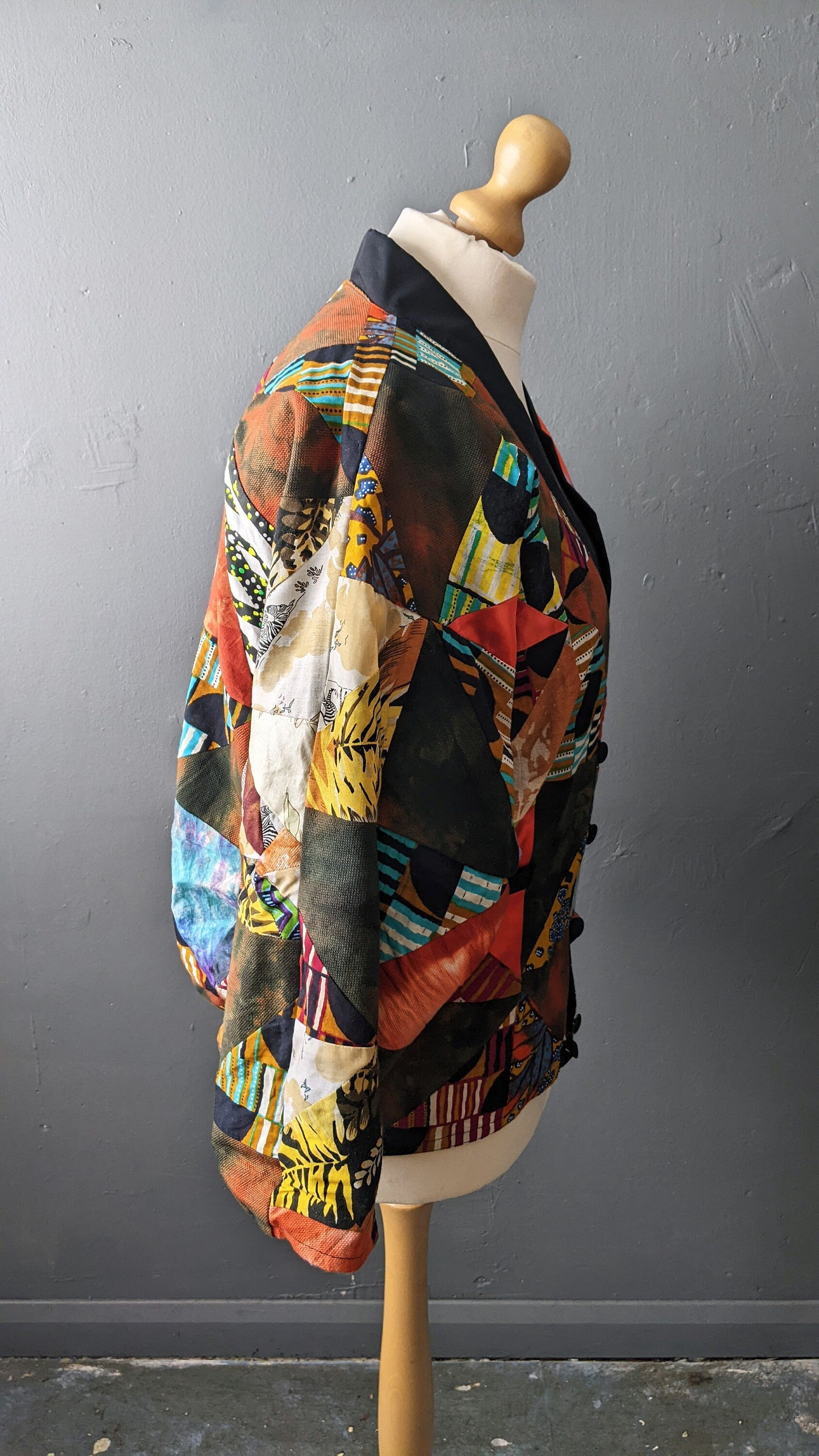 80s Multicoloured Patchwork Jacket, Vintage Handmade Batwing Coat, Size Medium