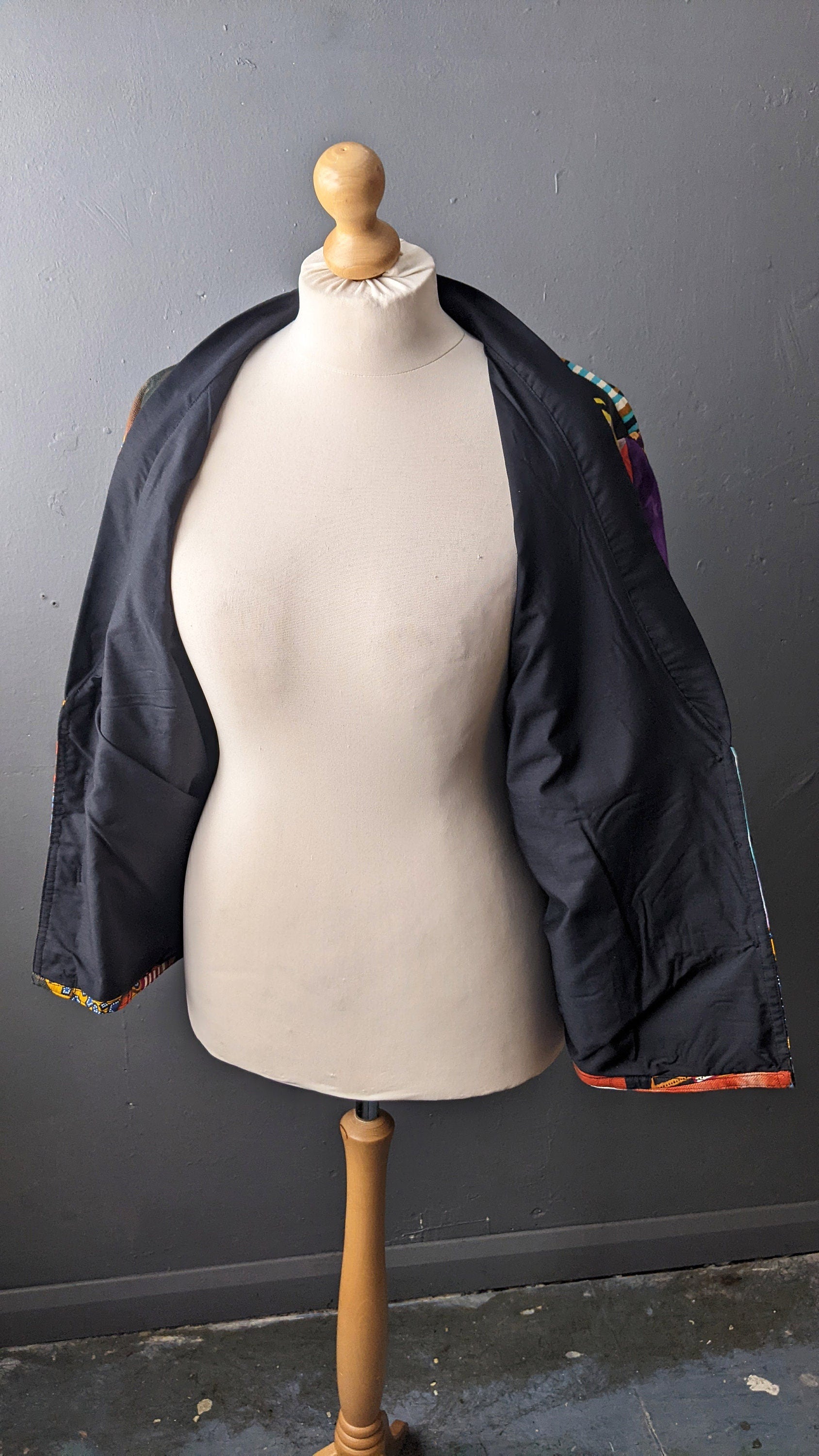 80s Multicoloured Patchwork Jacket, Vintage Handmade Batwing Coat, Size Medium