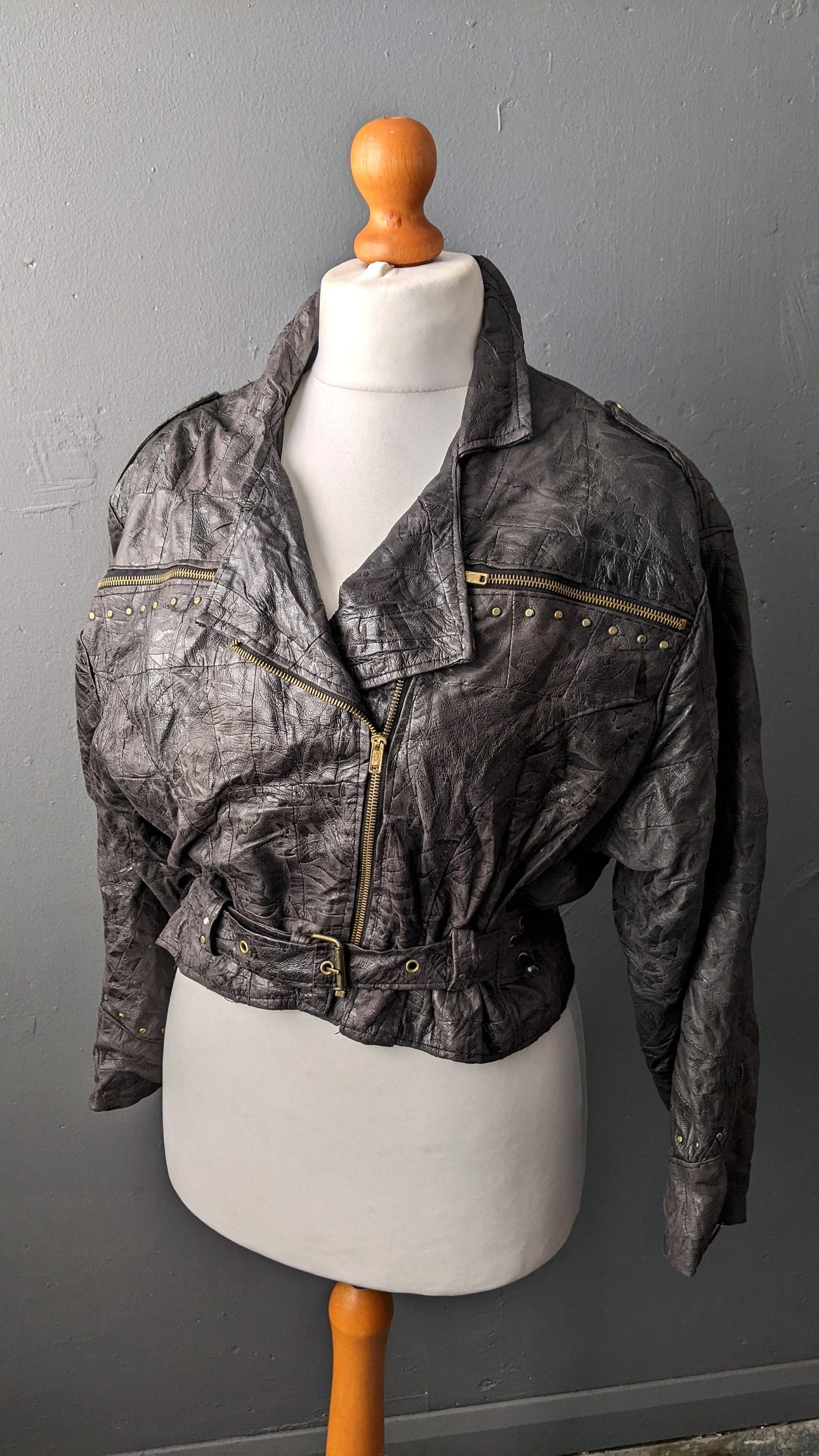 80s Cropped Leather Biker Jacket, Short Patchwork Batwing Coat, Size Medium