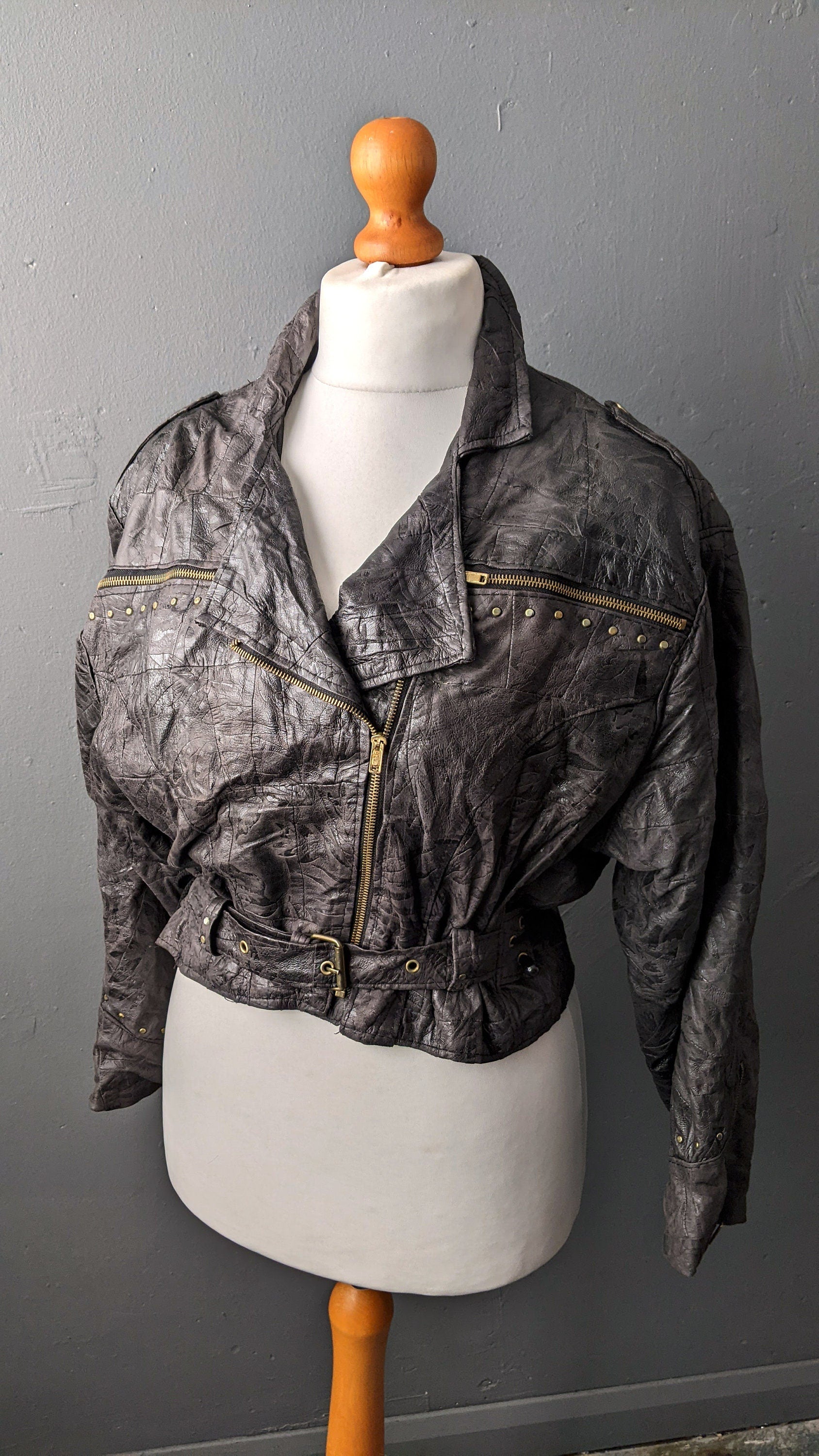 80s Cropped Leather Biker Jacket, Short Patchwork Batwing Coat, Size Medium