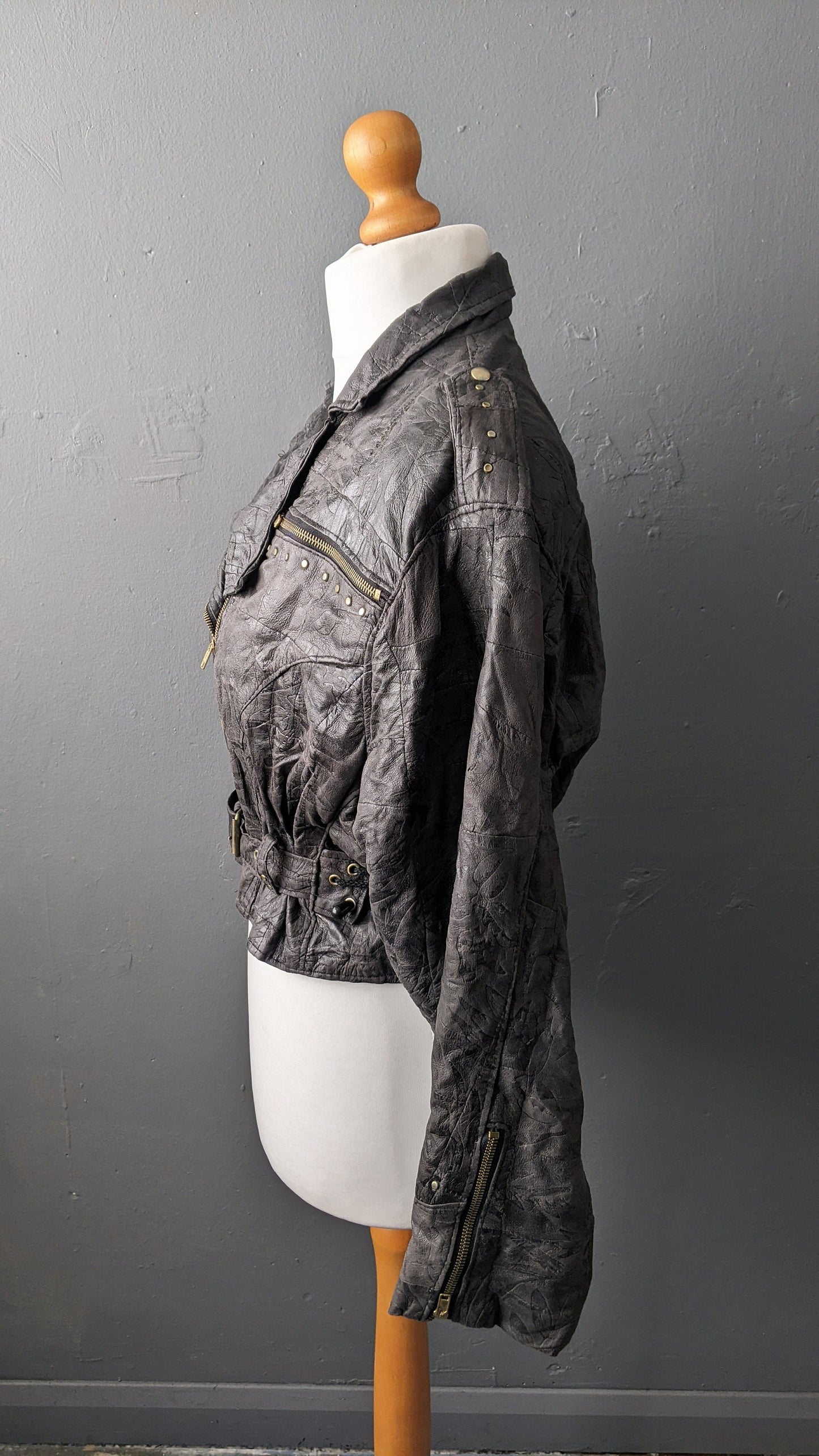 80s Cropped Leather Biker Jacket, Short Patchwork Batwing Coat, Size Medium