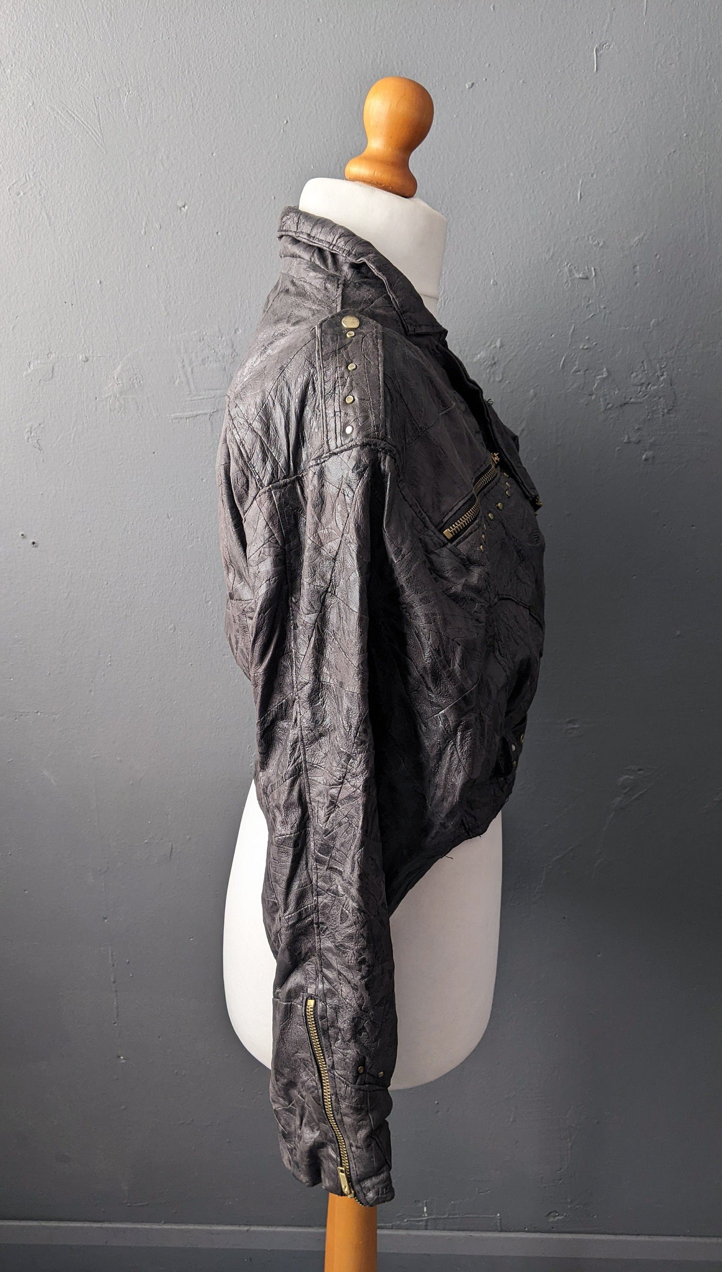 80s Cropped Leather Biker Jacket, Short Patchwork Batwing Coat, Size Medium