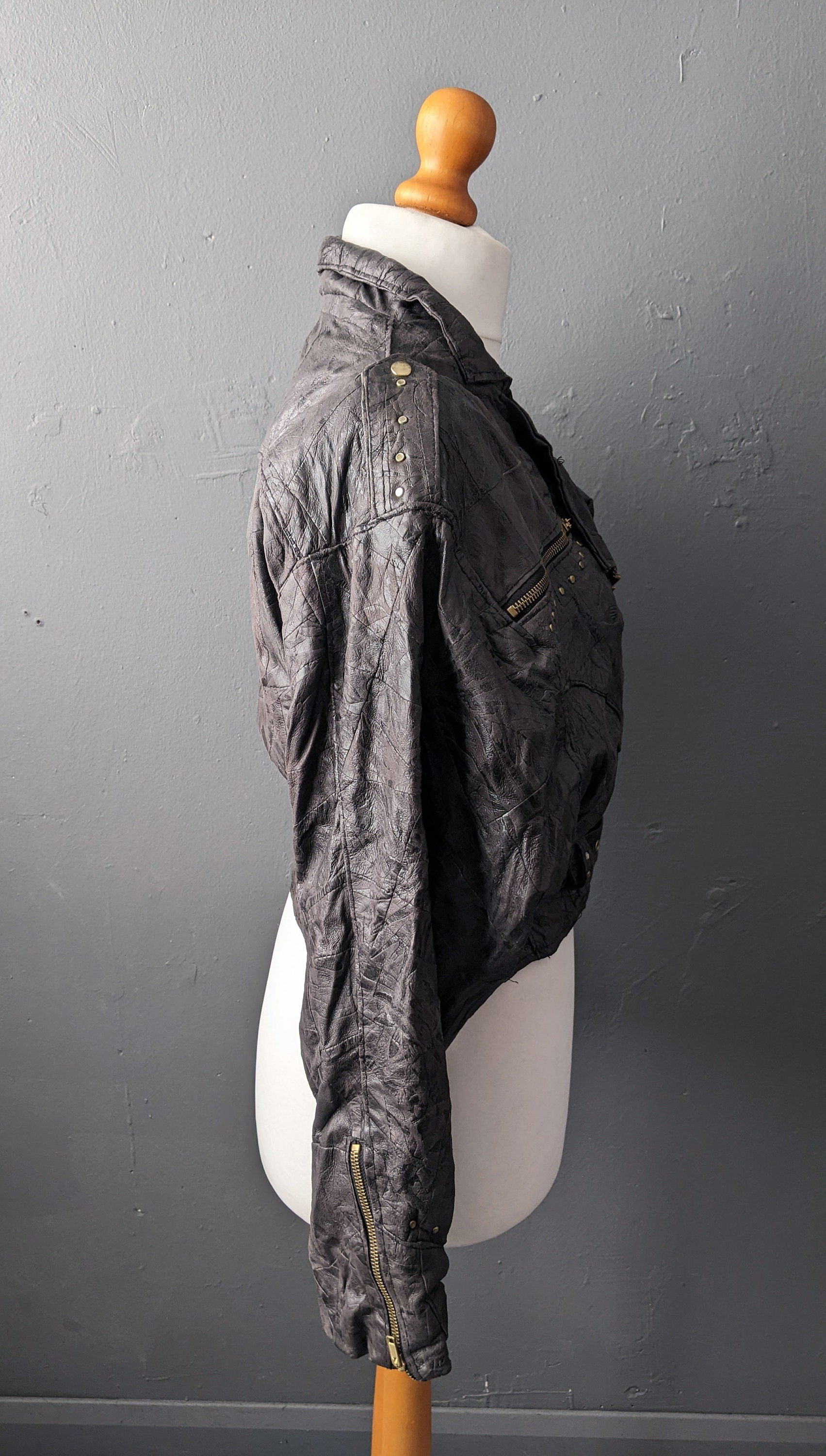 80s Cropped Leather Biker Jacket, Short Patchwork Batwing Coat, Size Medium