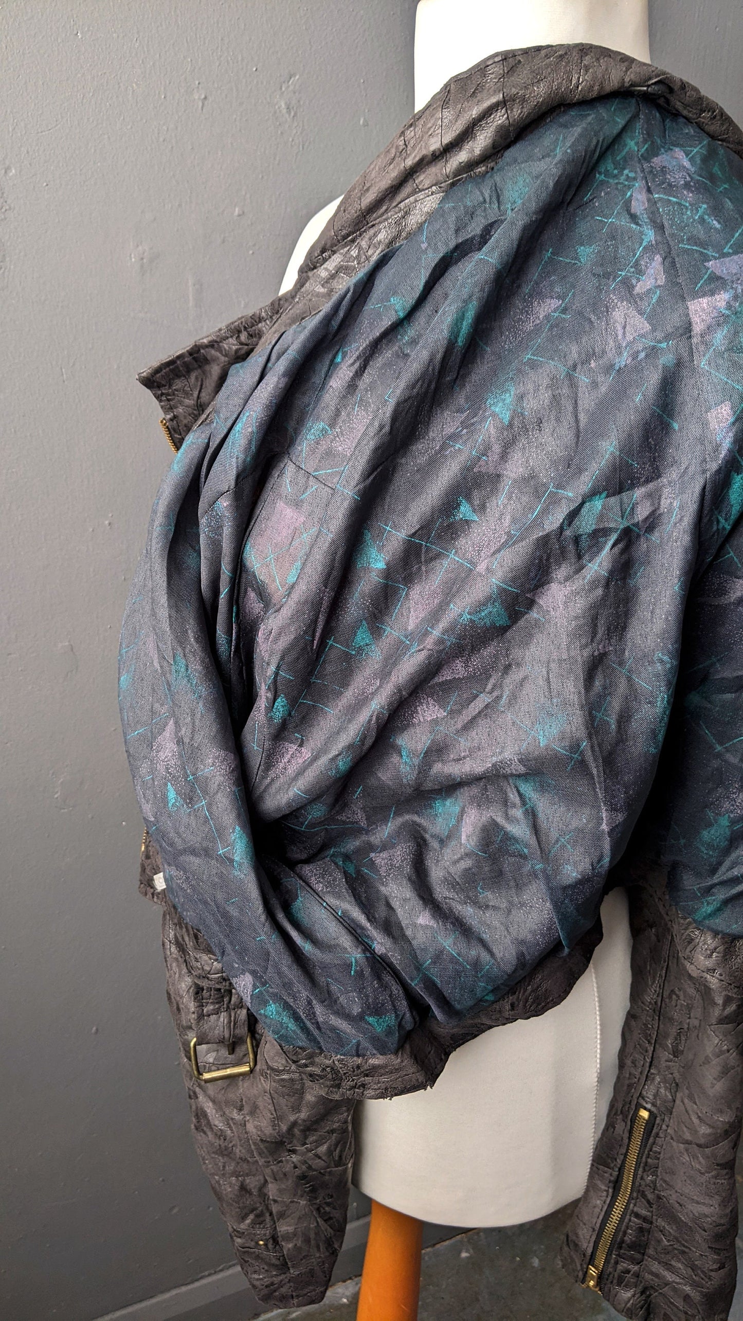 80s Cropped Leather Biker Jacket, Short Patchwork Batwing Coat, Size Medium