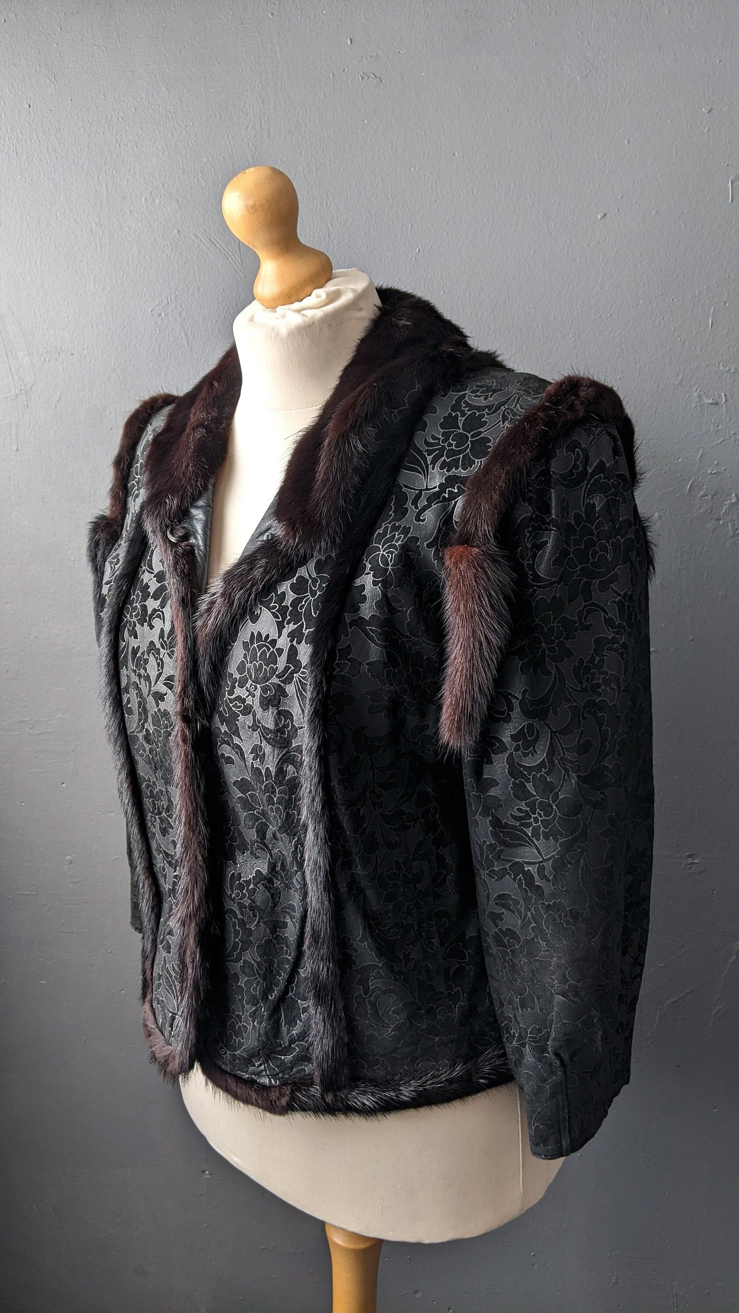 Mink Fur Trimmed Jacket, Vintage Floral Leather Short Coat, Plus Size