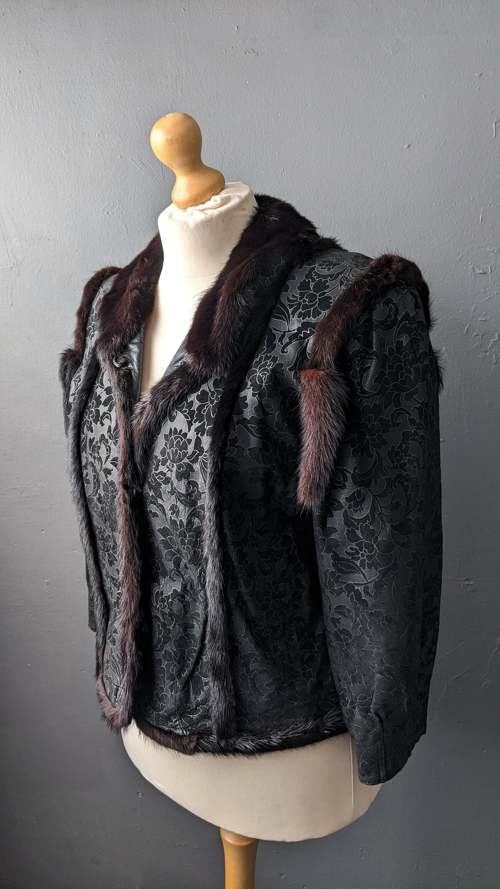 Mink Fur Trimmed Jacket, Vintage Floral Leather Short Coat, Plus Size