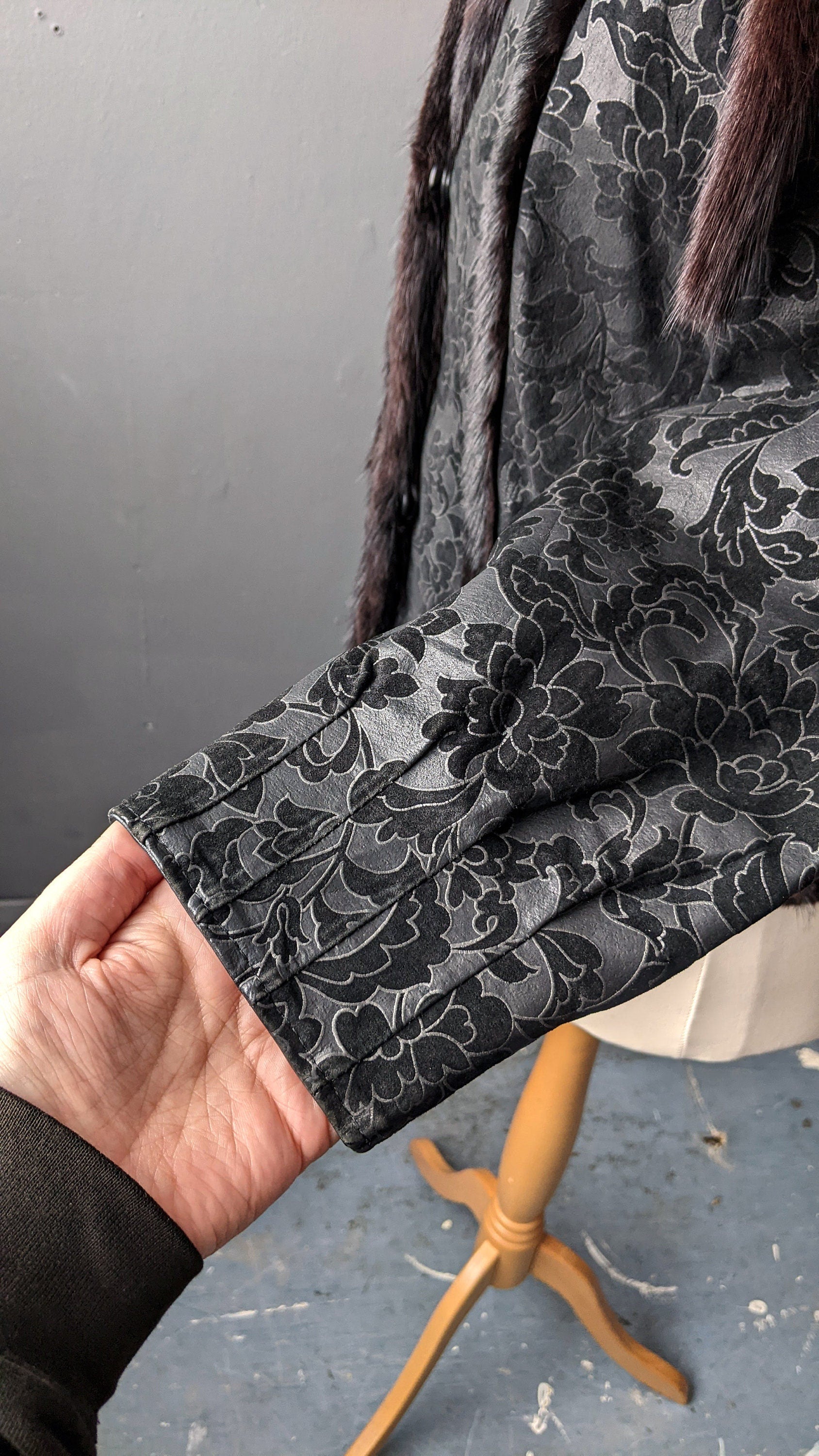 Mink Fur Trimmed Jacket, Vintage Floral Leather Short Coat, Plus Size
