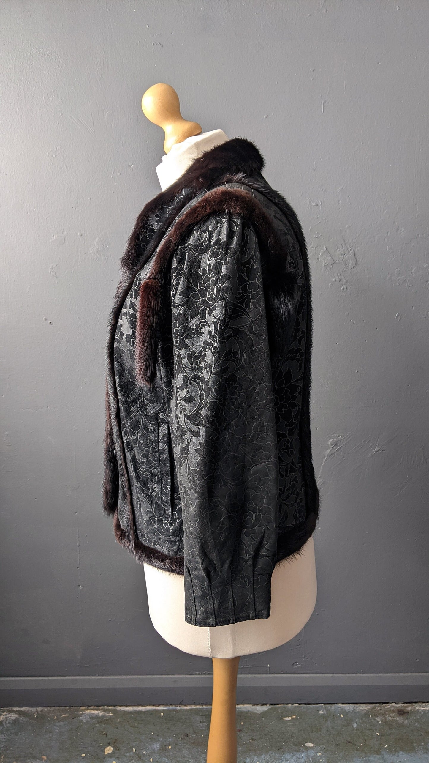 Mink Fur Trimmed Jacket, Vintage Floral Leather Short Coat, Plus Size