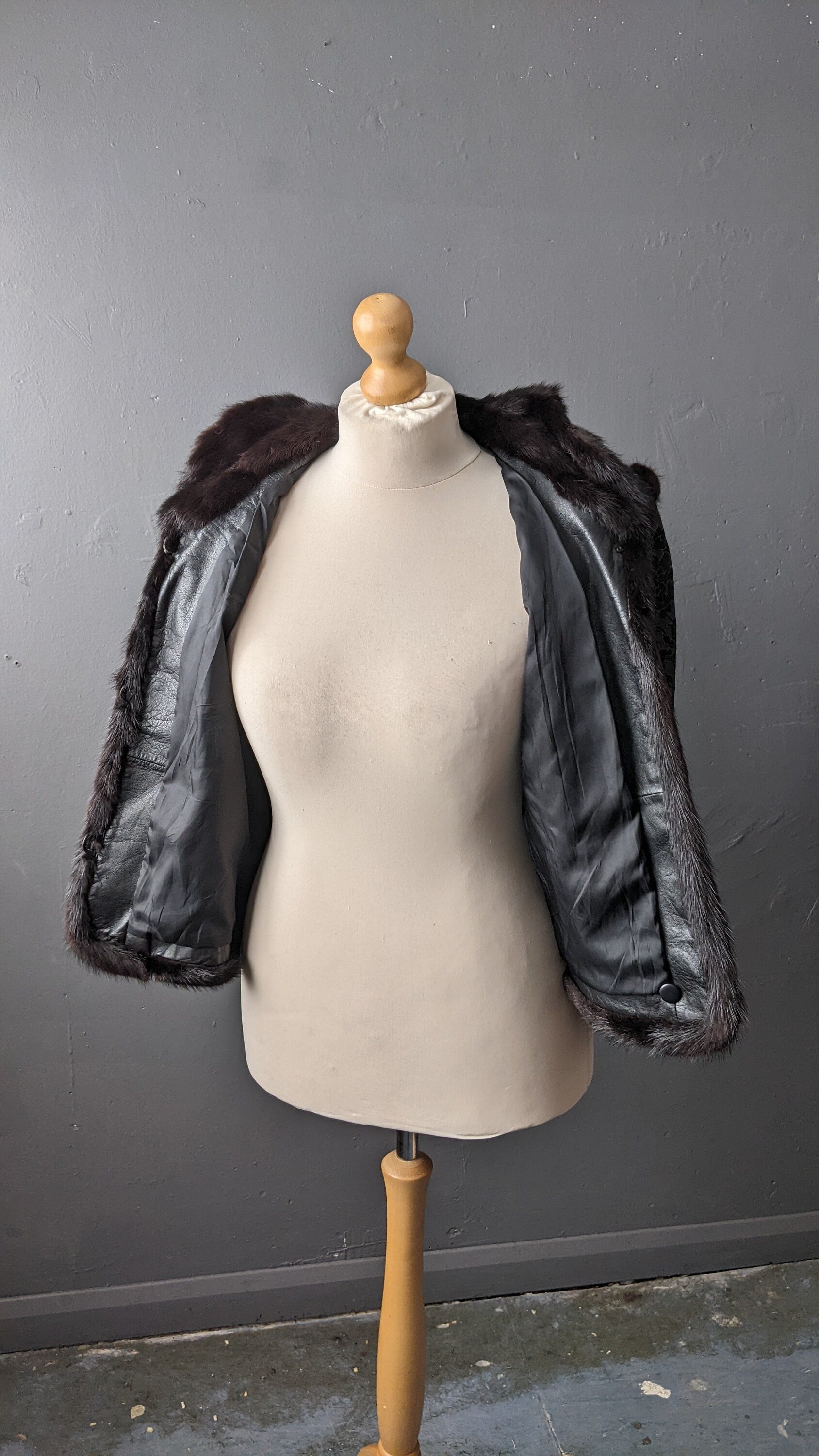 Mink Fur Trimmed Jacket, Vintage Floral Leather Short Coat, Plus Size