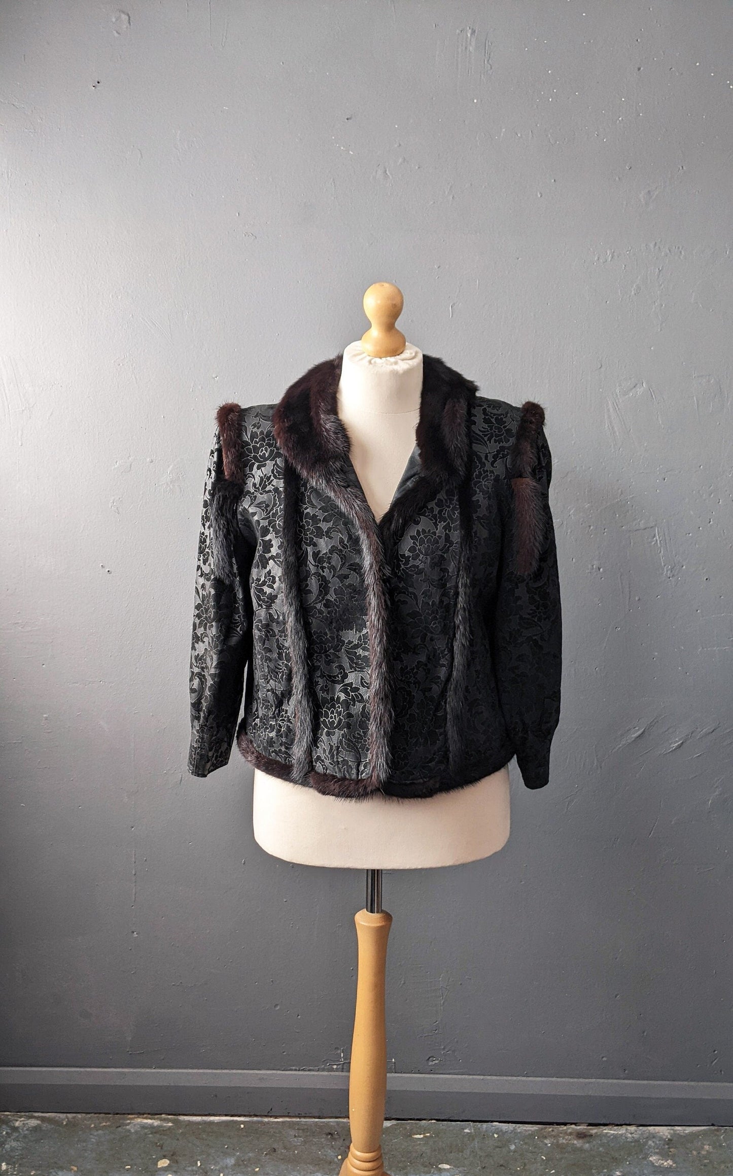 Mink Fur Trimmed Jacket, Vintage Floral Leather Short Coat, Plus Size