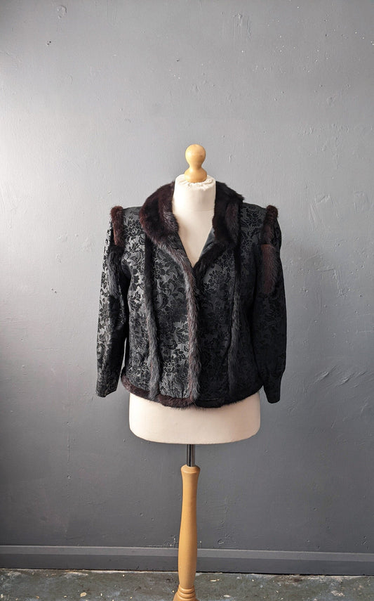 Mink Fur Trimmed Jacket, Vintage Floral Leather Short Coat, Plus Size