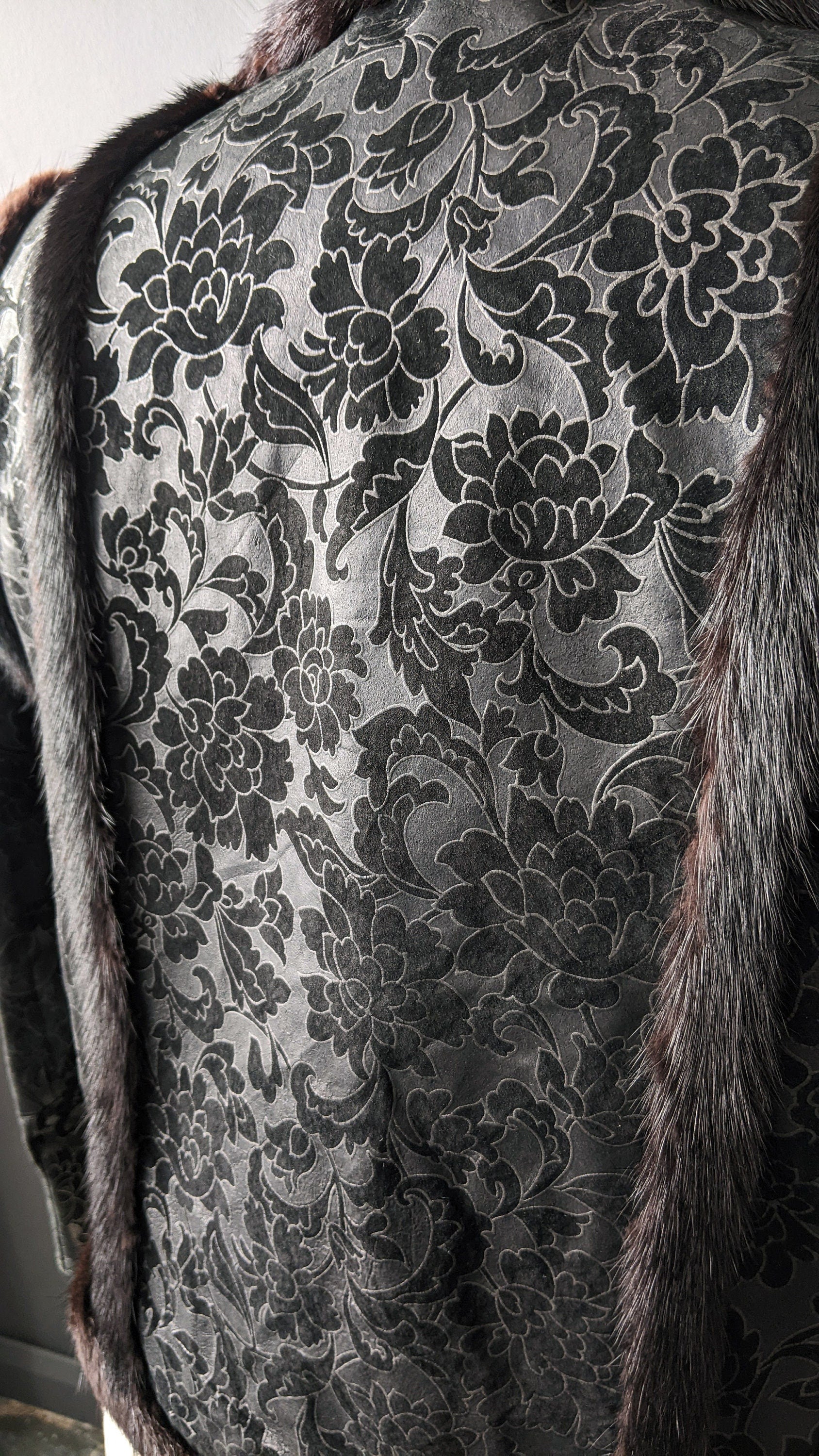 Mink Fur Trimmed Jacket, Vintage Floral Leather Short Coat, Plus Size