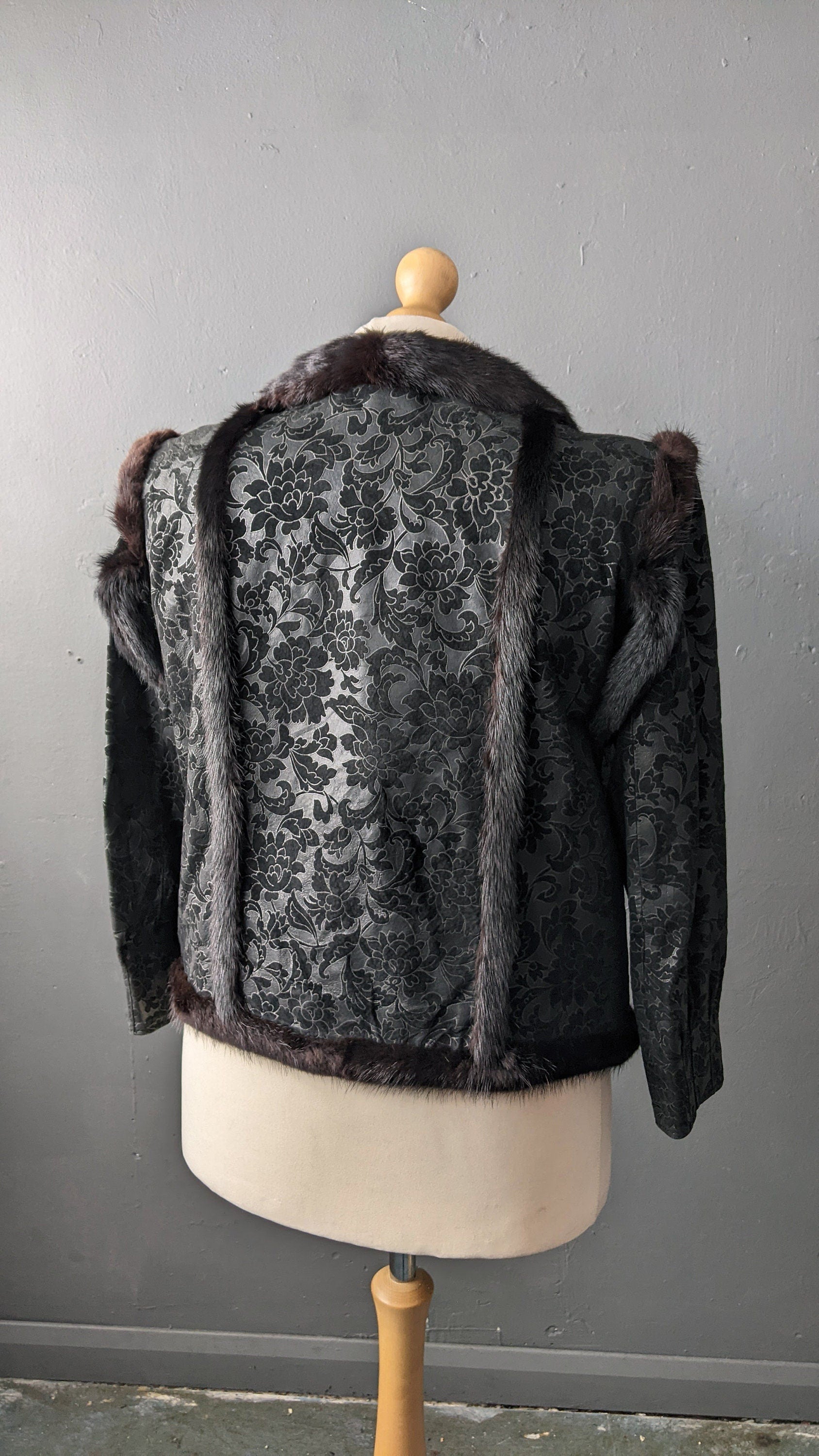Mink Fur Trimmed Jacket, Vintage Floral Leather Short Coat, Plus Size
