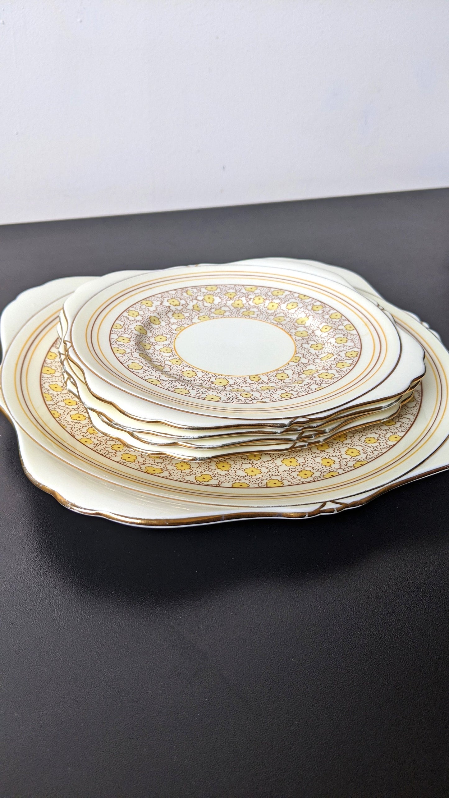 1930s Set of Art Deco Cake Plates by Grafton China, Yellow Floral Sandwich Plates