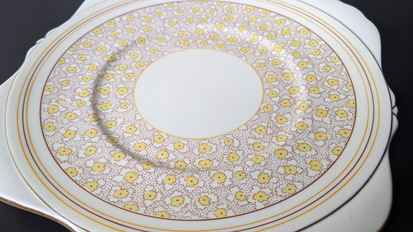 1930s Set of Art Deco Cake Plates by Grafton China, Yellow Floral Sandwich Plates