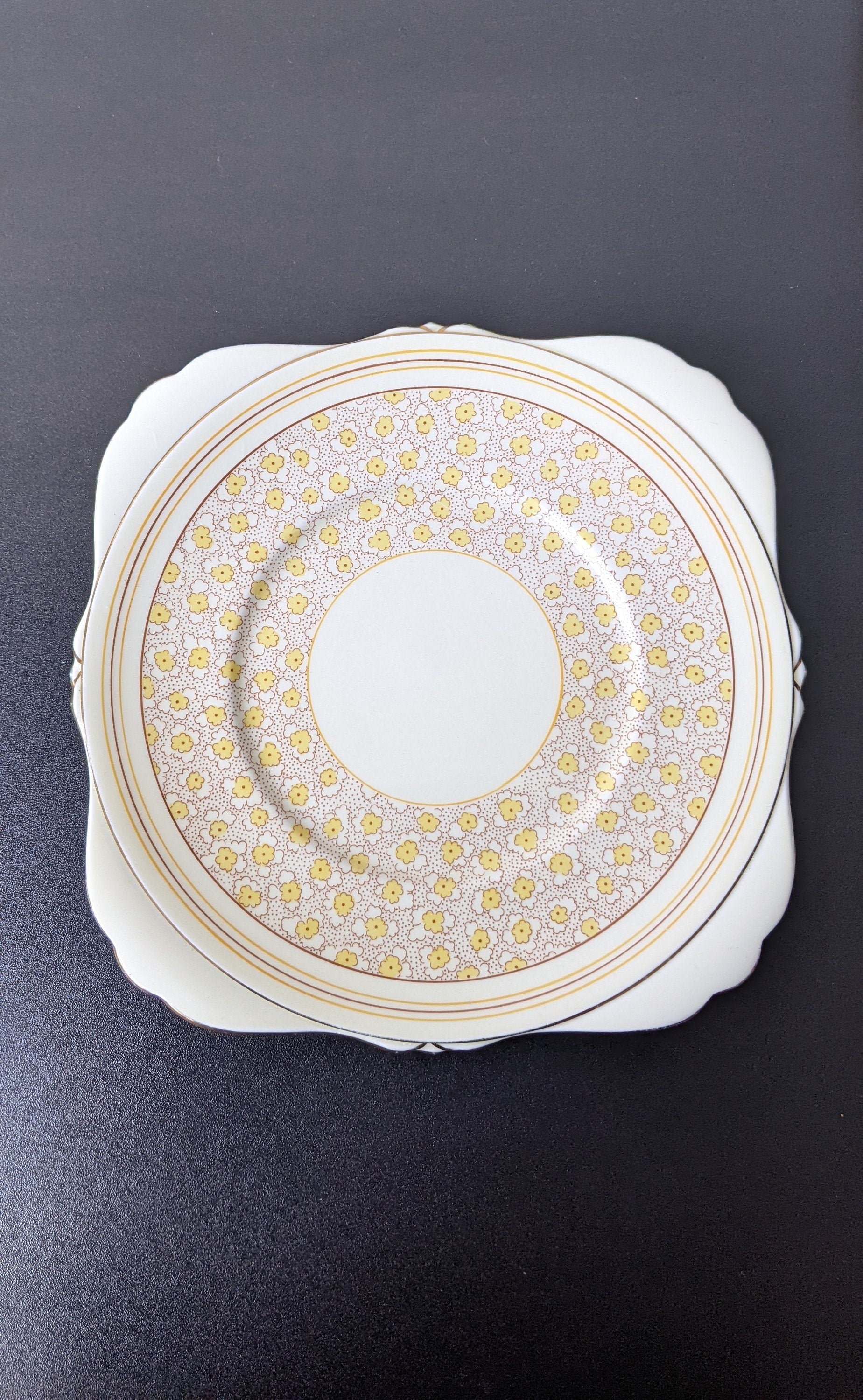 1930s Set of Art Deco Cake Plates by Grafton China, Yellow Floral Sandwich Plates