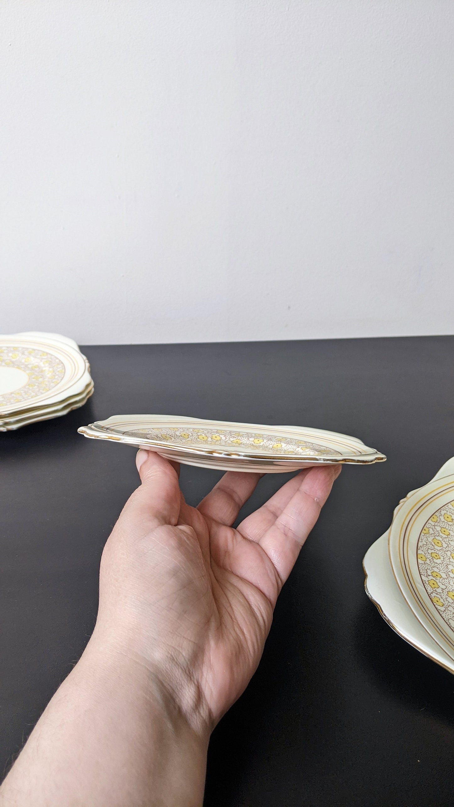 1930s Set of Art Deco Cake Plates by Grafton China, Yellow Floral Sandwich Plates