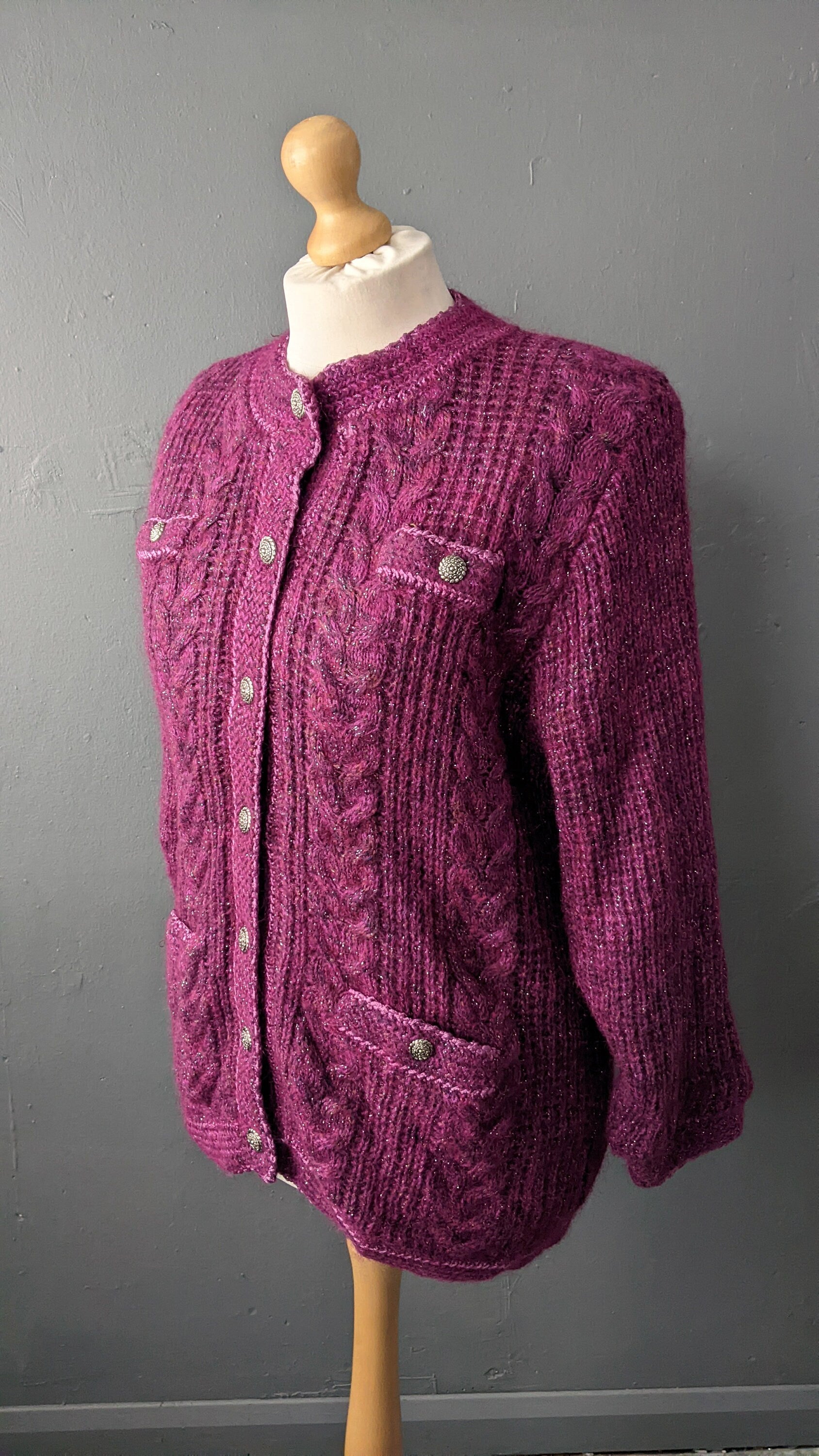 90s Magenta Cable Knit Cardigan, Oversized Chunky Coatigan, Size Medium Large
