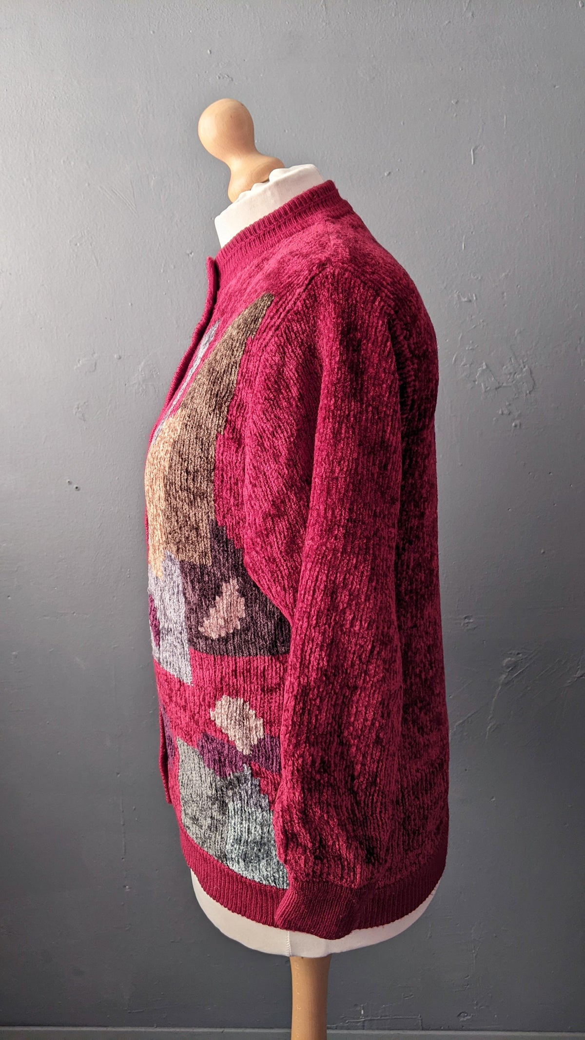 80s Maroon Velvety Cardigan, Multicoloured Chenille Coatigan, Size Medium