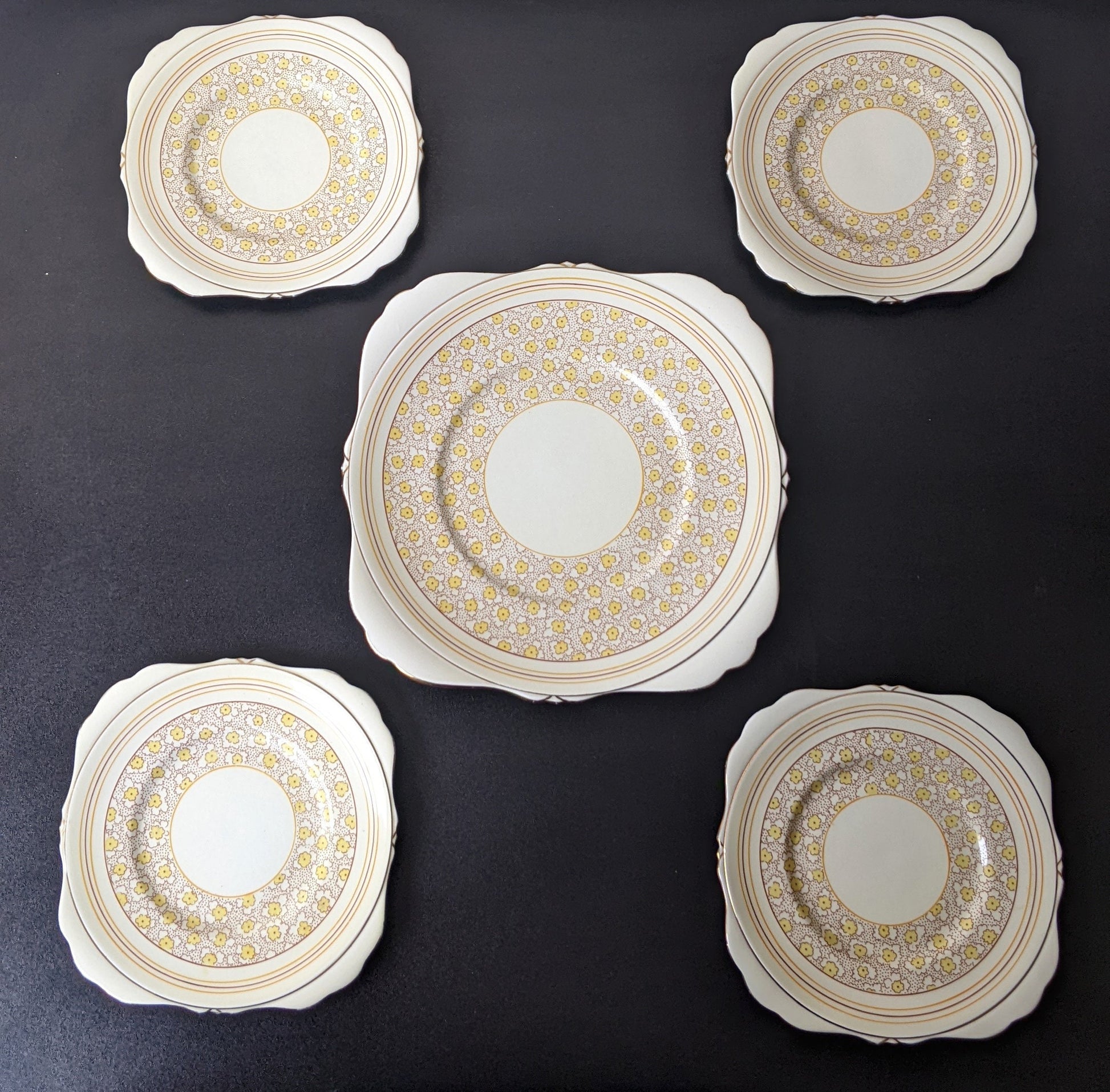 1930s Set of Art Deco Cake Plates by Grafton China, Yellow Floral Sandwich Plates
