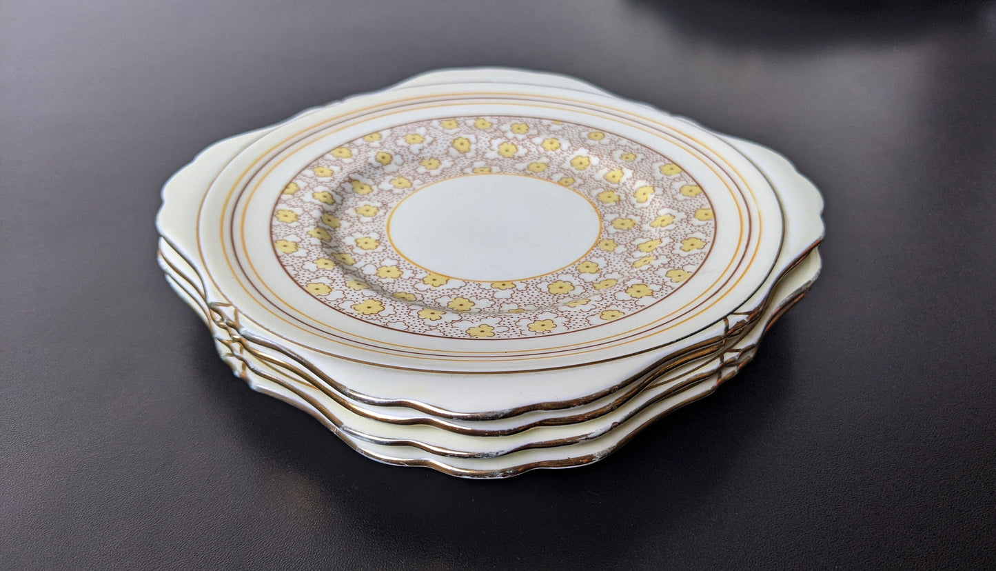 1930s Set of Art Deco Cake Plates by Grafton China, Yellow Floral Sandwich Plates