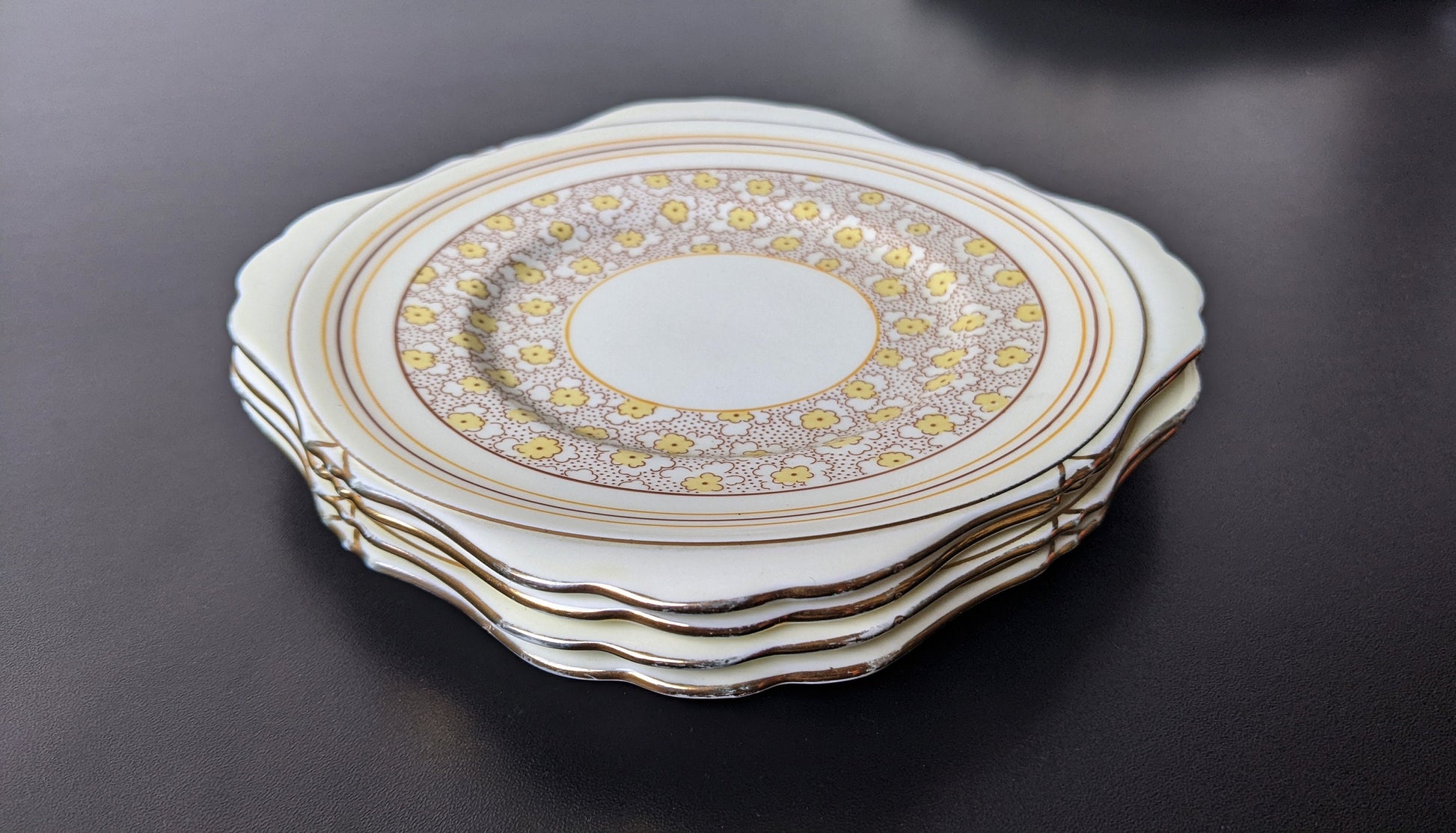 1930s Set of Art Deco Cake Plates by Grafton China, Yellow Floral Sandwich Plates
