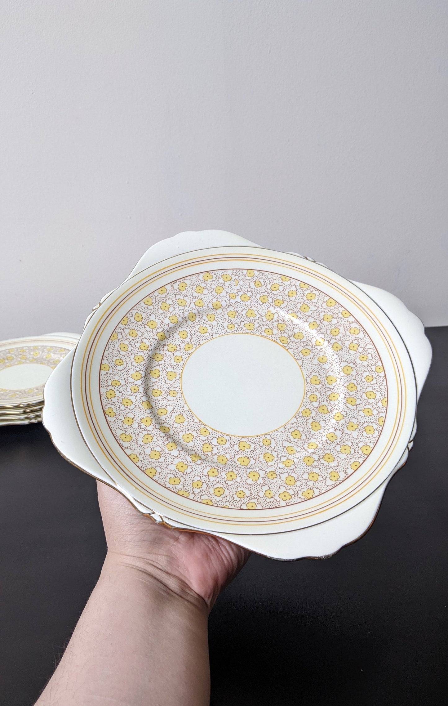 1930s Set of Art Deco Cake Plates by Grafton China, Yellow Floral Sandwich Plates