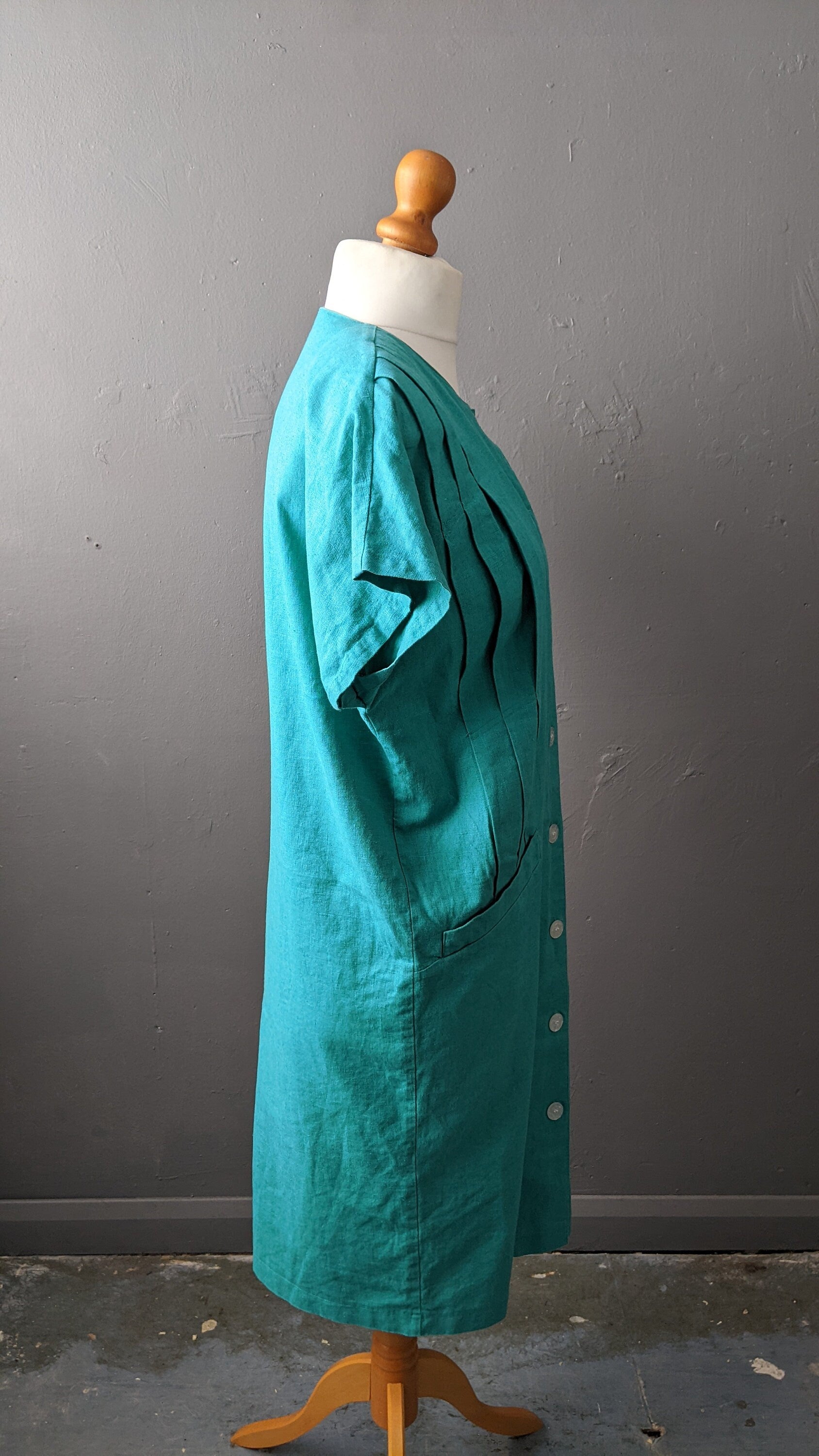 80s Jade Green Linen Cotton Dress, New Wave Minimalist, Size Medium