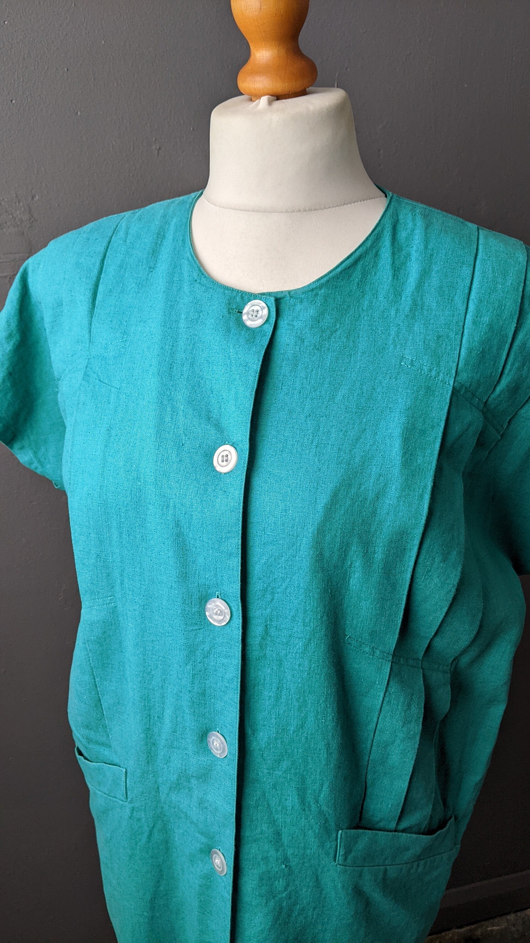 80s Jade Green Linen Cotton Dress, New Wave Minimalist, Size Medium