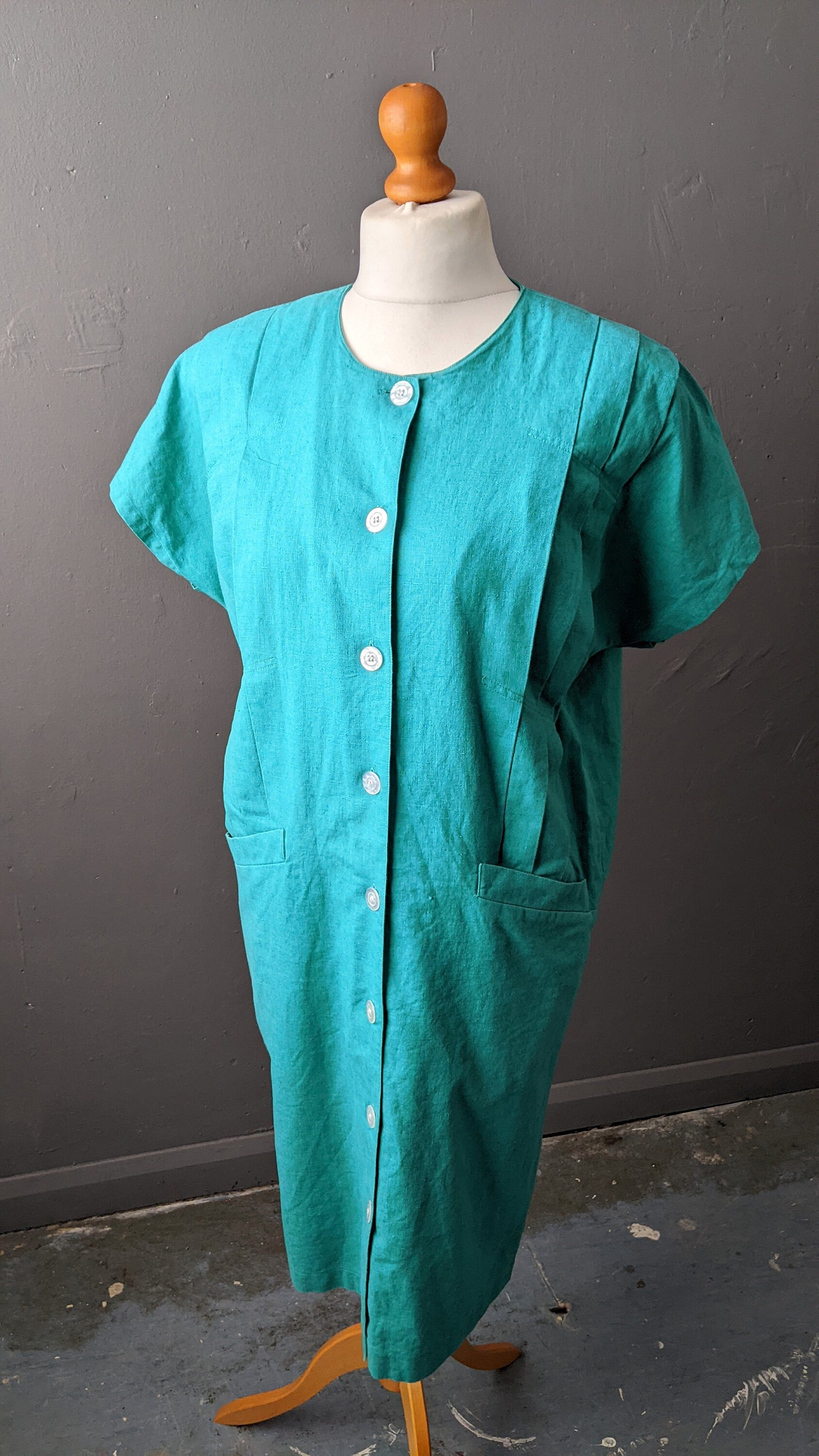 80s Jade Green Linen Cotton Dress, New Wave Minimalist, Size Medium