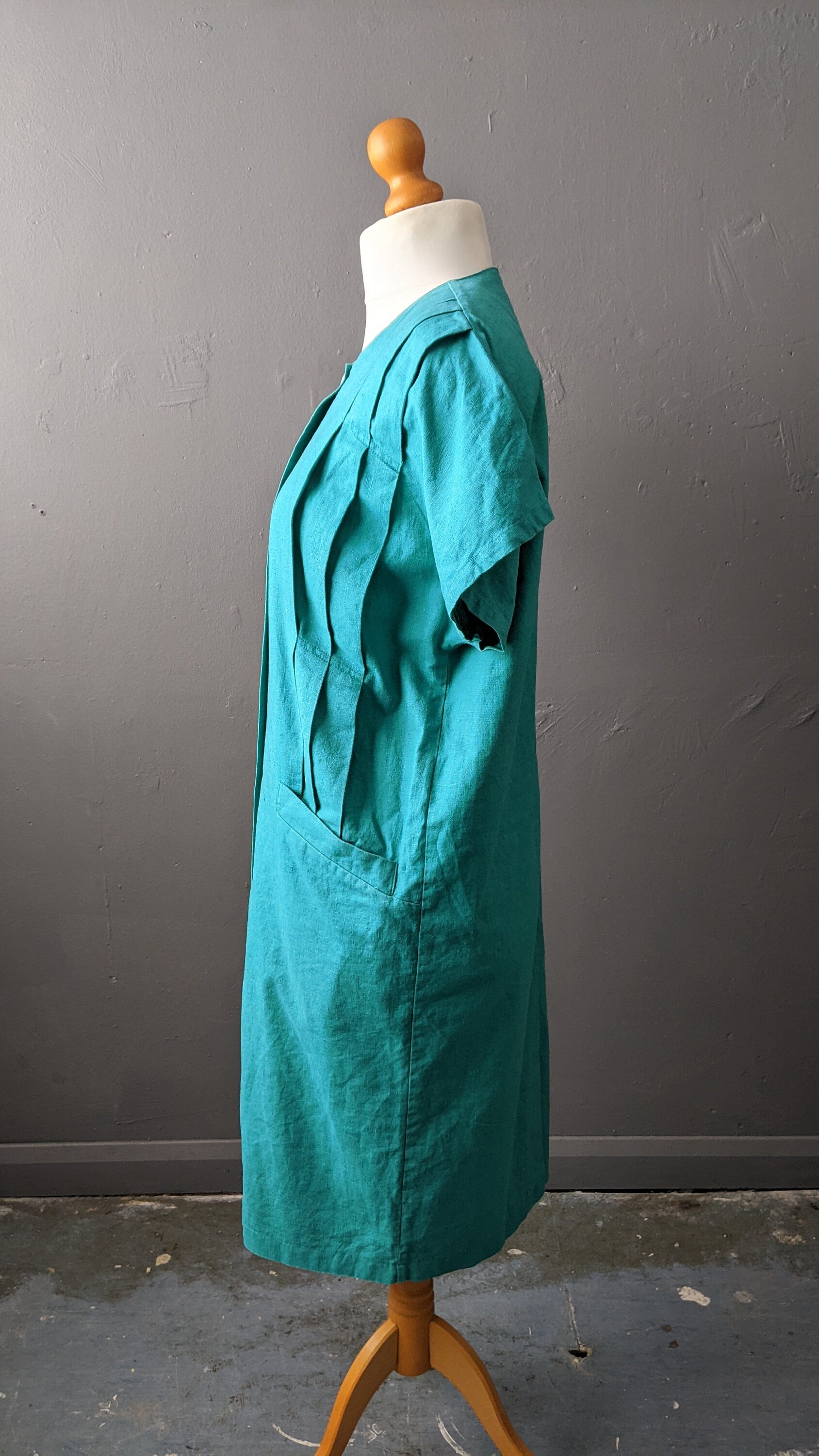 80s Jade Green Linen Cotton Dress, New Wave Minimalist, Size Medium