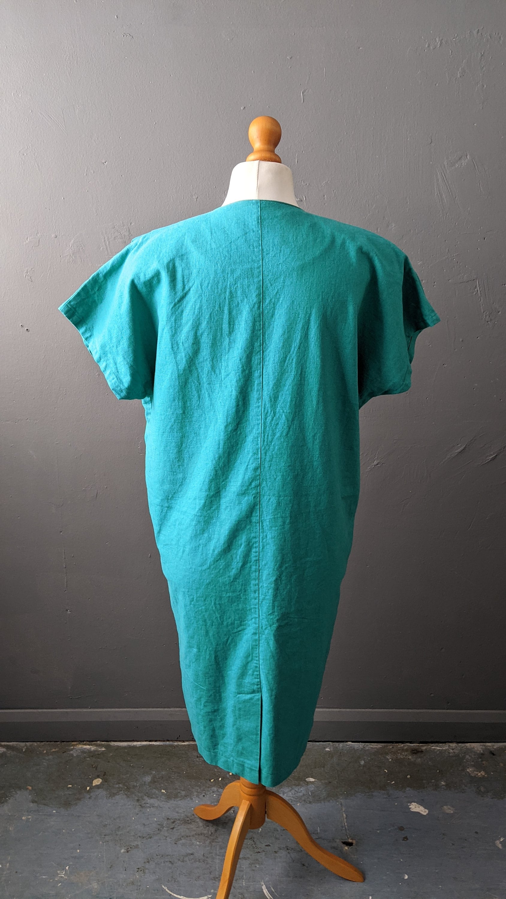 80s Jade Green Linen Cotton Dress, New Wave Minimalist, Size Medium