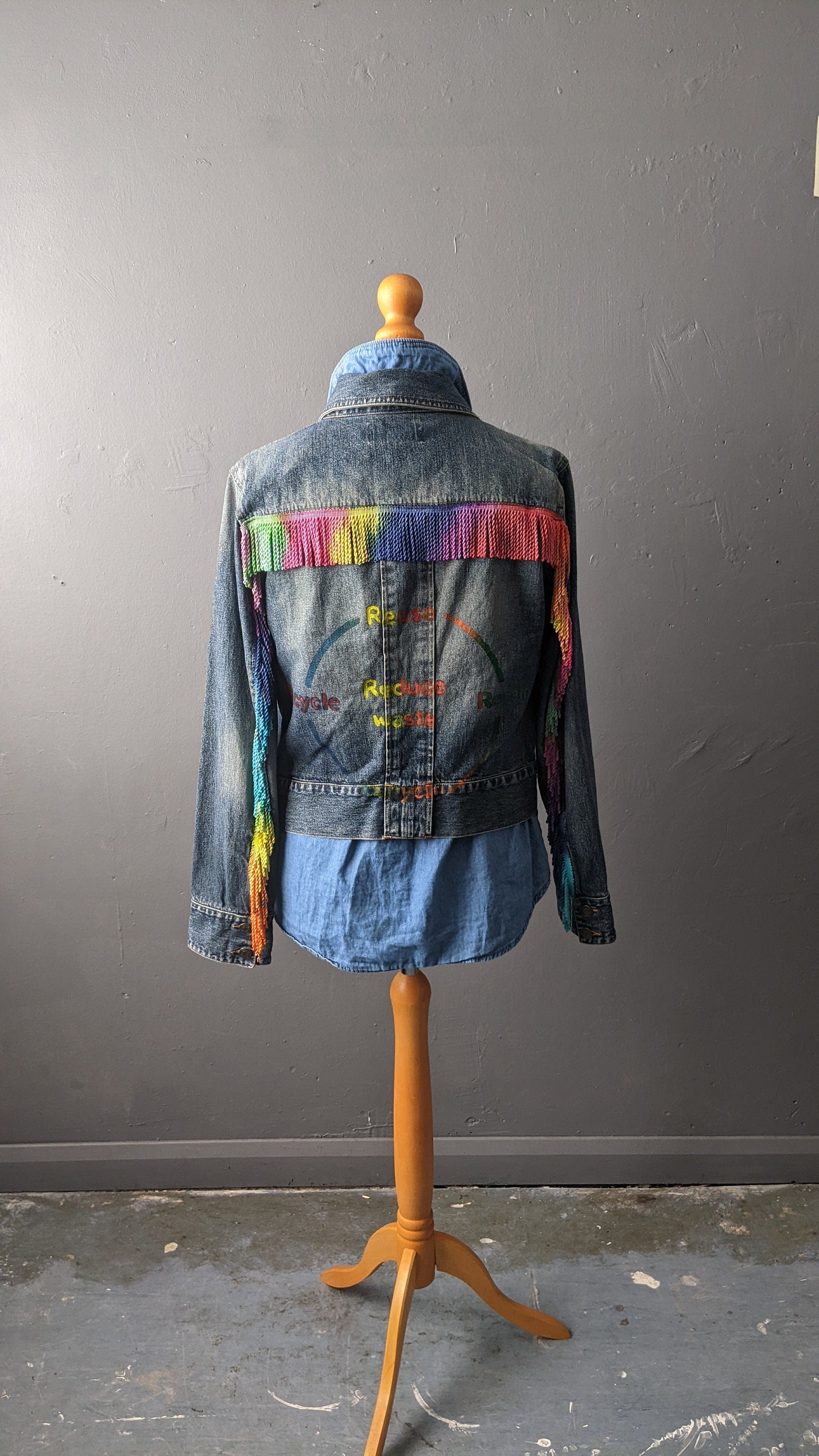 Reduce Reuse Recycle Denim Jacket with Rainbow Fringe, Upcycled Eco Clothing, Size Small Medium