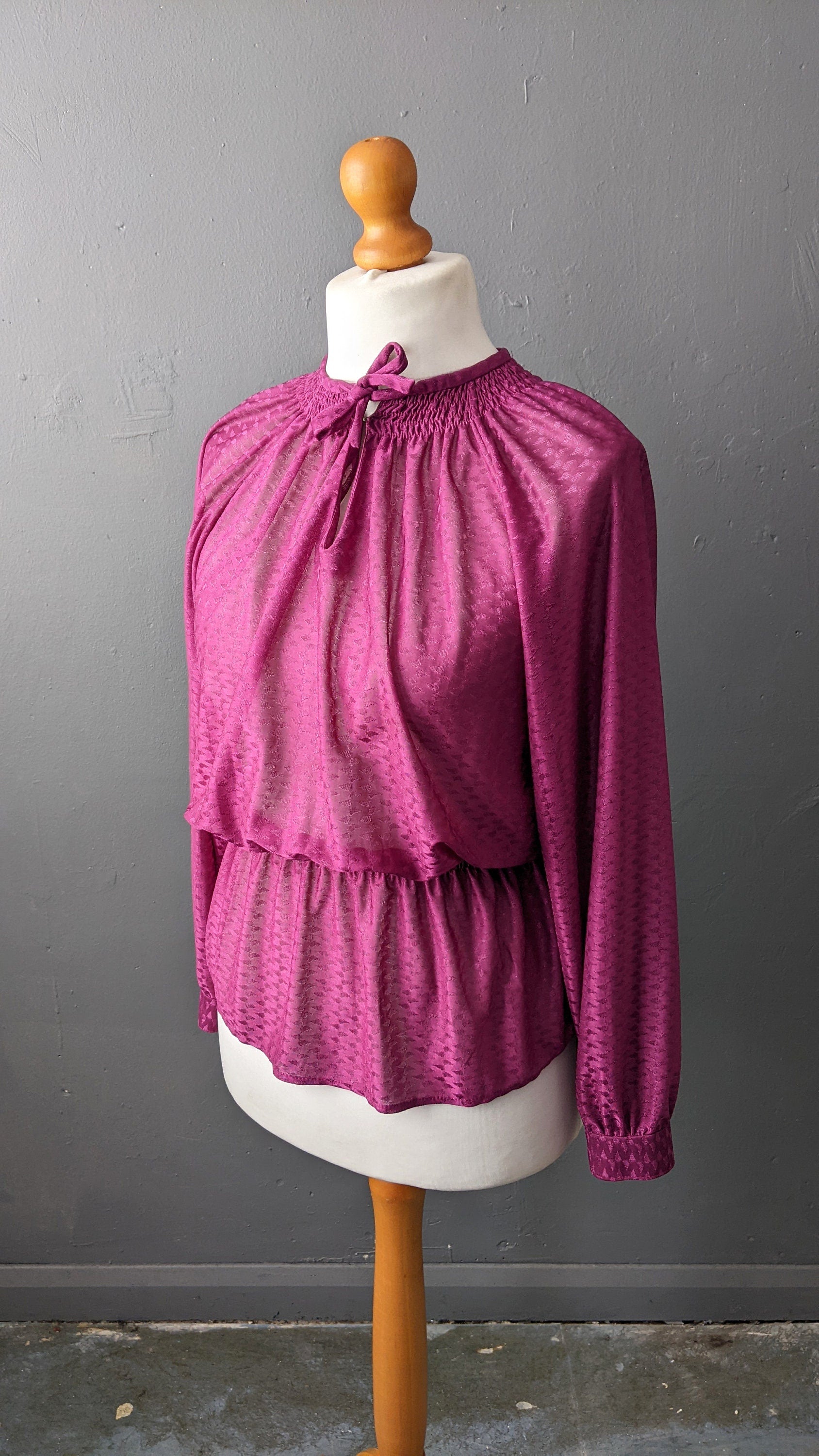 80s Magenta Sheer Blouse with Pussy Bow, Size Large