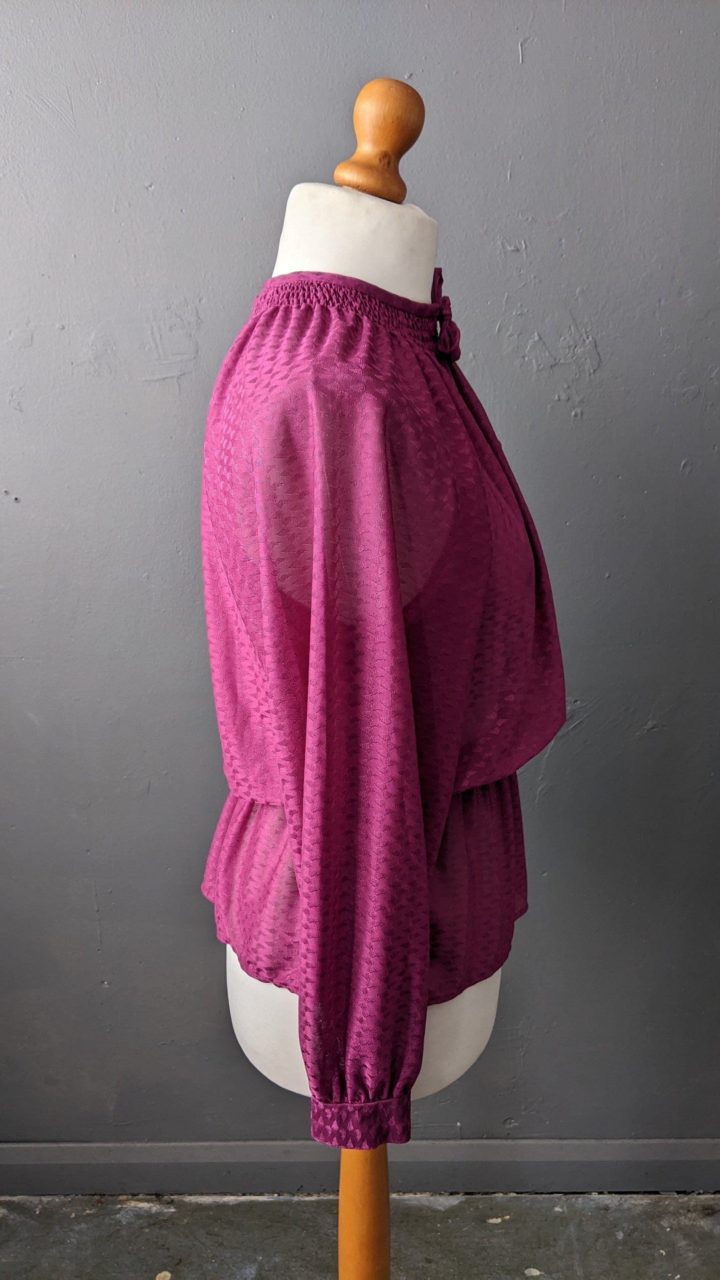80s Magenta Sheer Blouse with Pussy Bow, Size Large