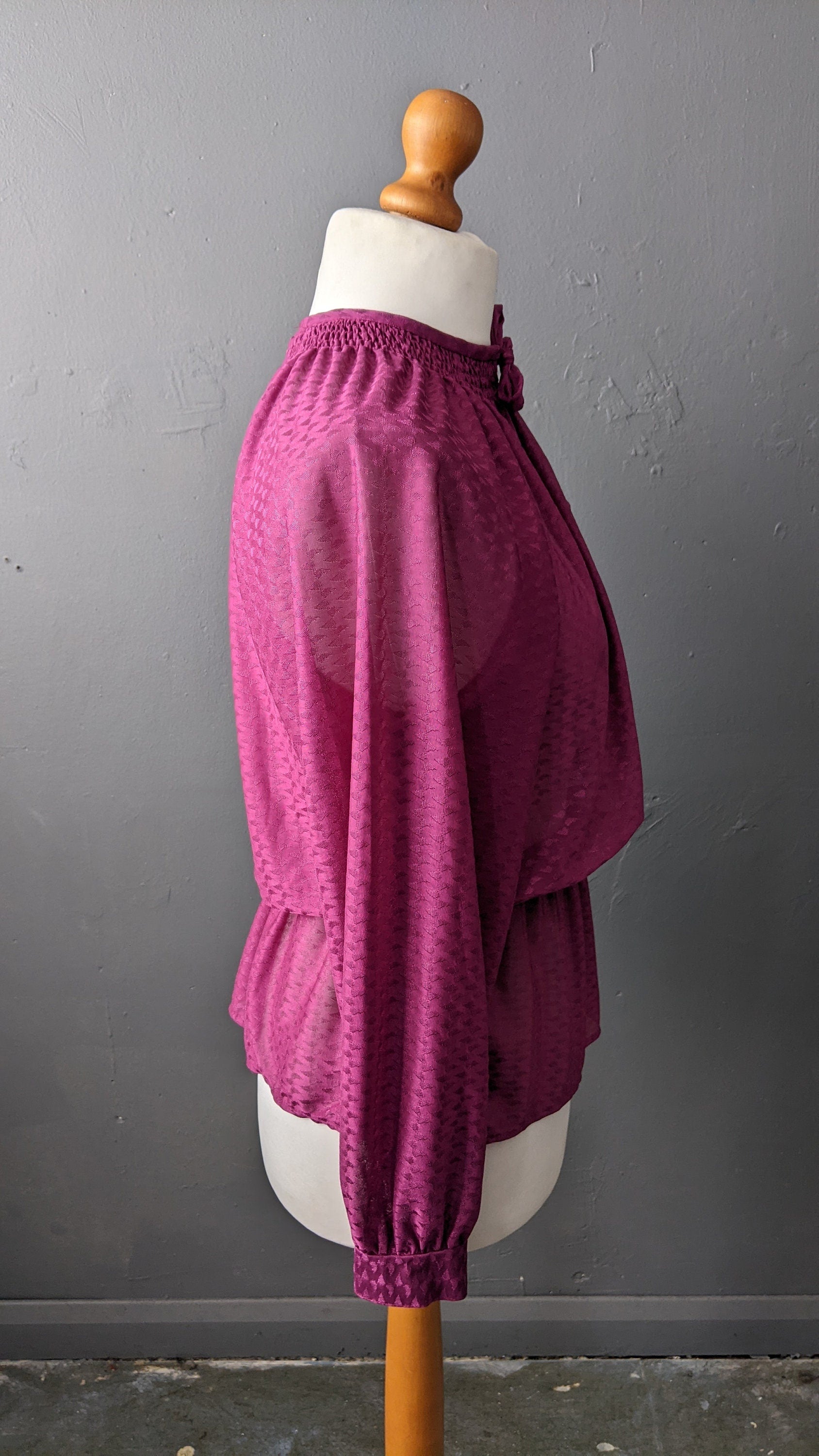 80s Magenta Sheer Blouse with Pussy Bow, Size Large