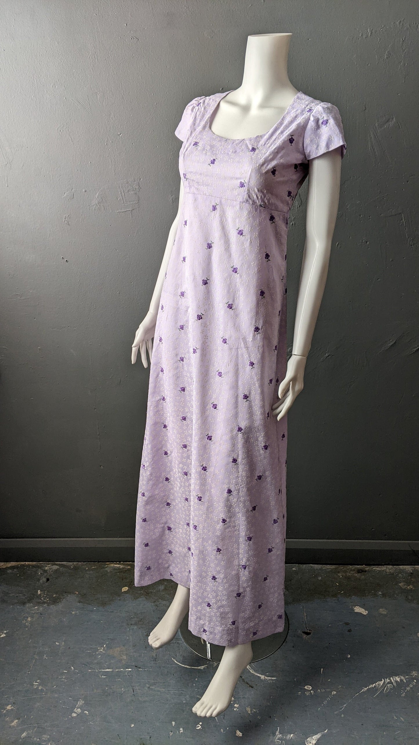 70s Lilac Maxi Dress, Flocked Flowers Empire Waist, Size Small