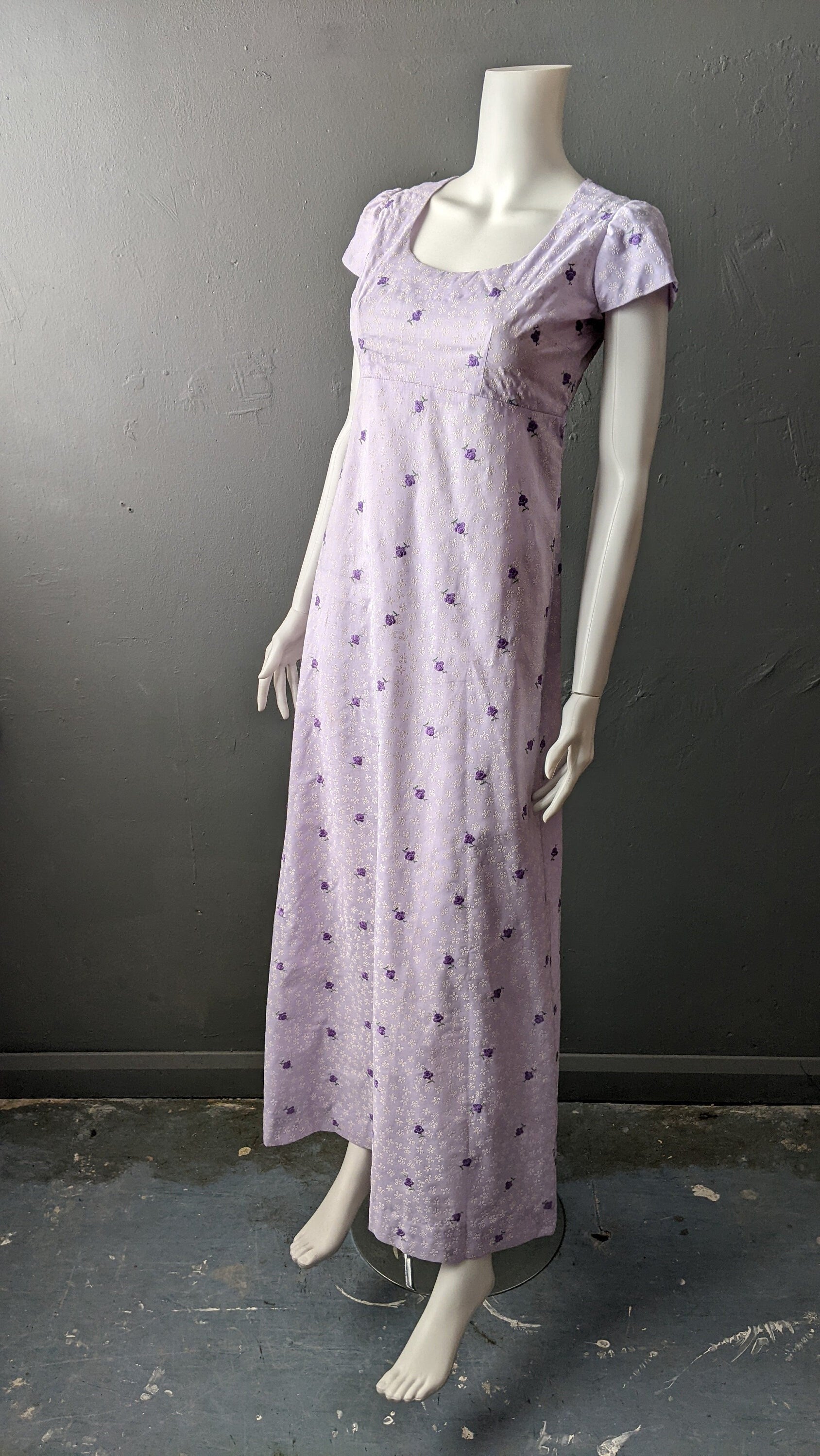 70s Lilac Maxi Dress, Flocked Flowers Empire Waist, Size Small