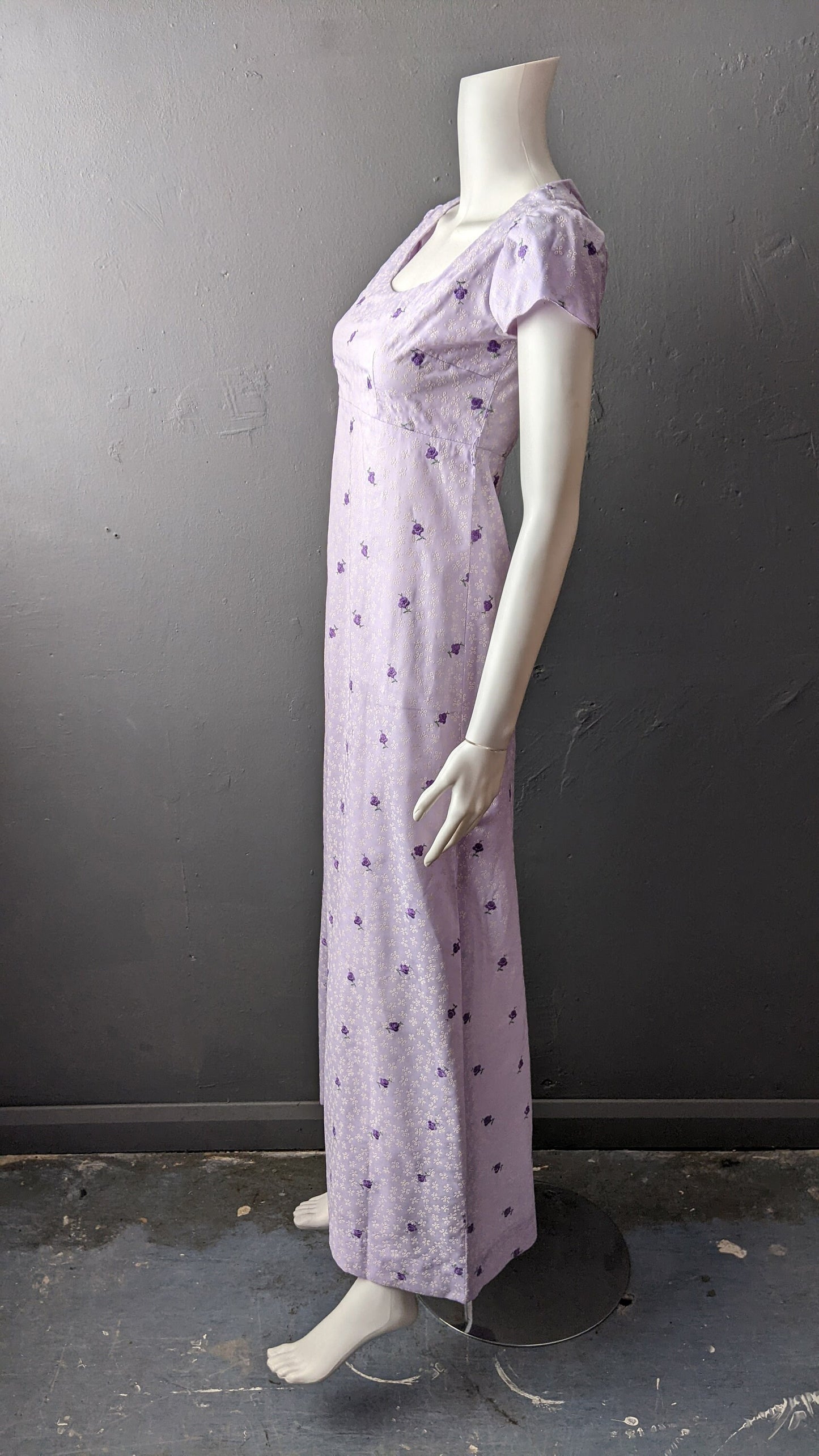 70s Lilac Maxi Dress, Flocked Flowers Empire Waist, Size Small