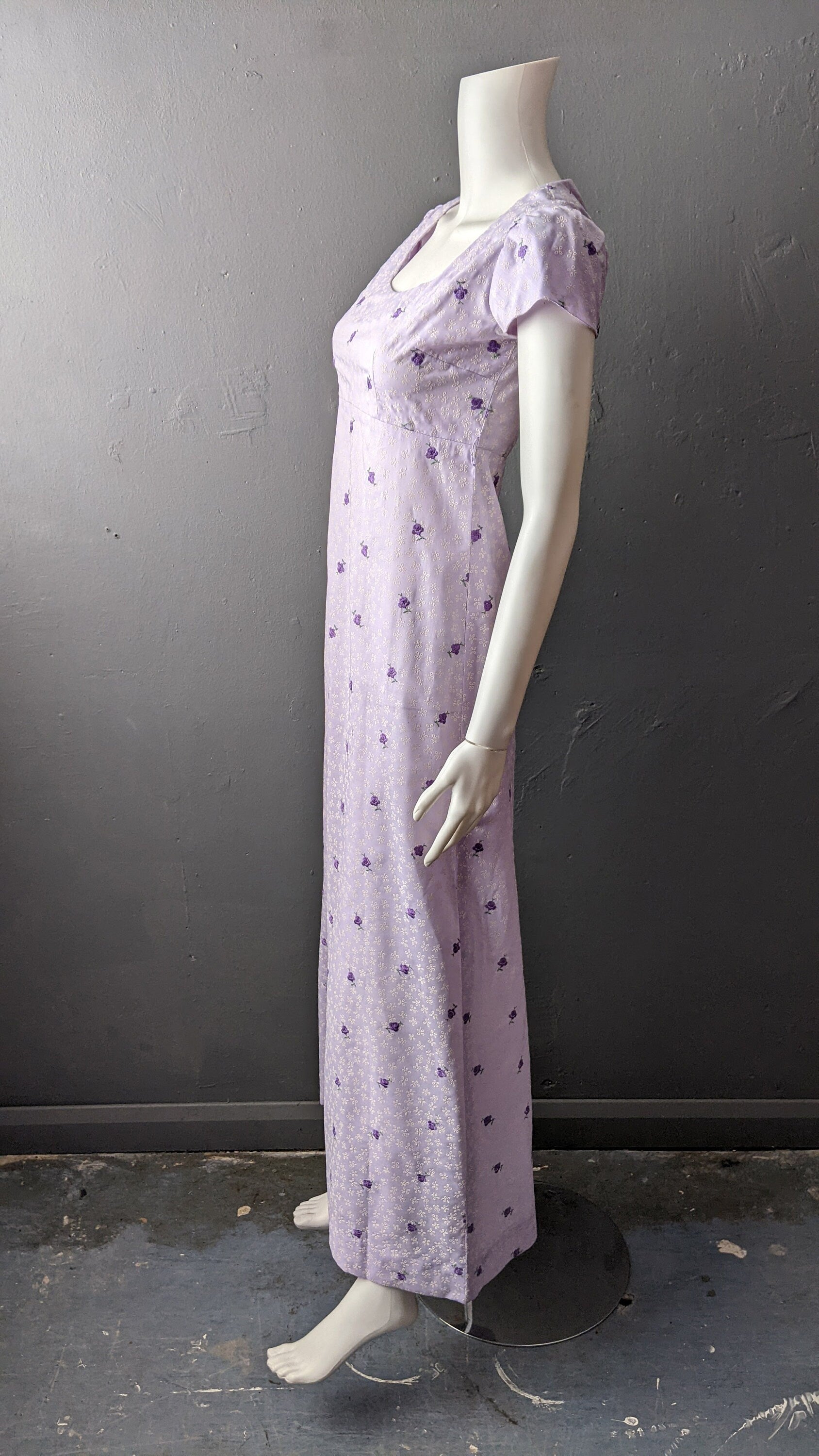 70s Lilac Maxi Dress, Flocked Flowers Empire Waist, Size Small