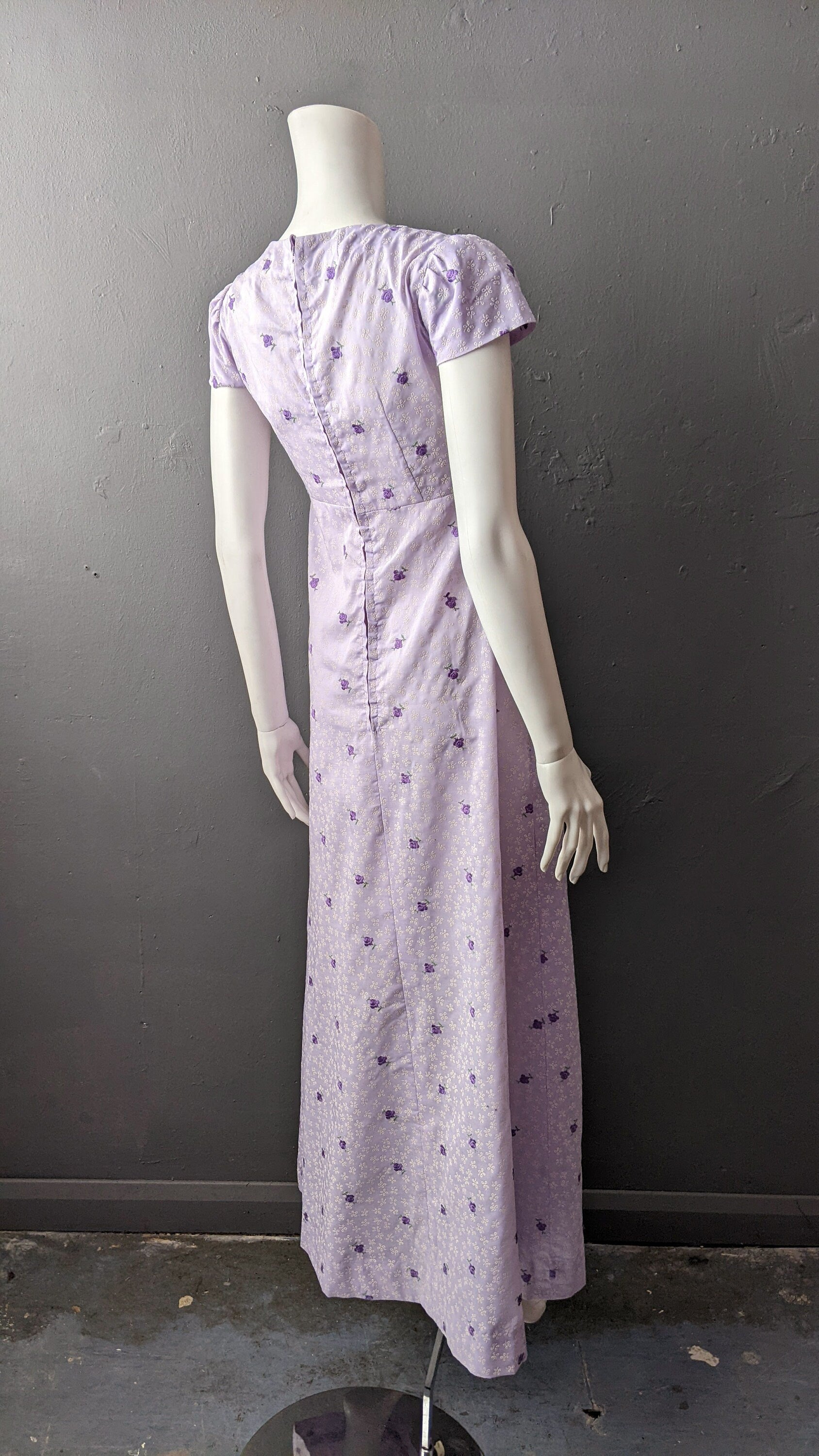 70s Lilac Maxi Dress, Flocked Flowers Empire Waist, Size Small