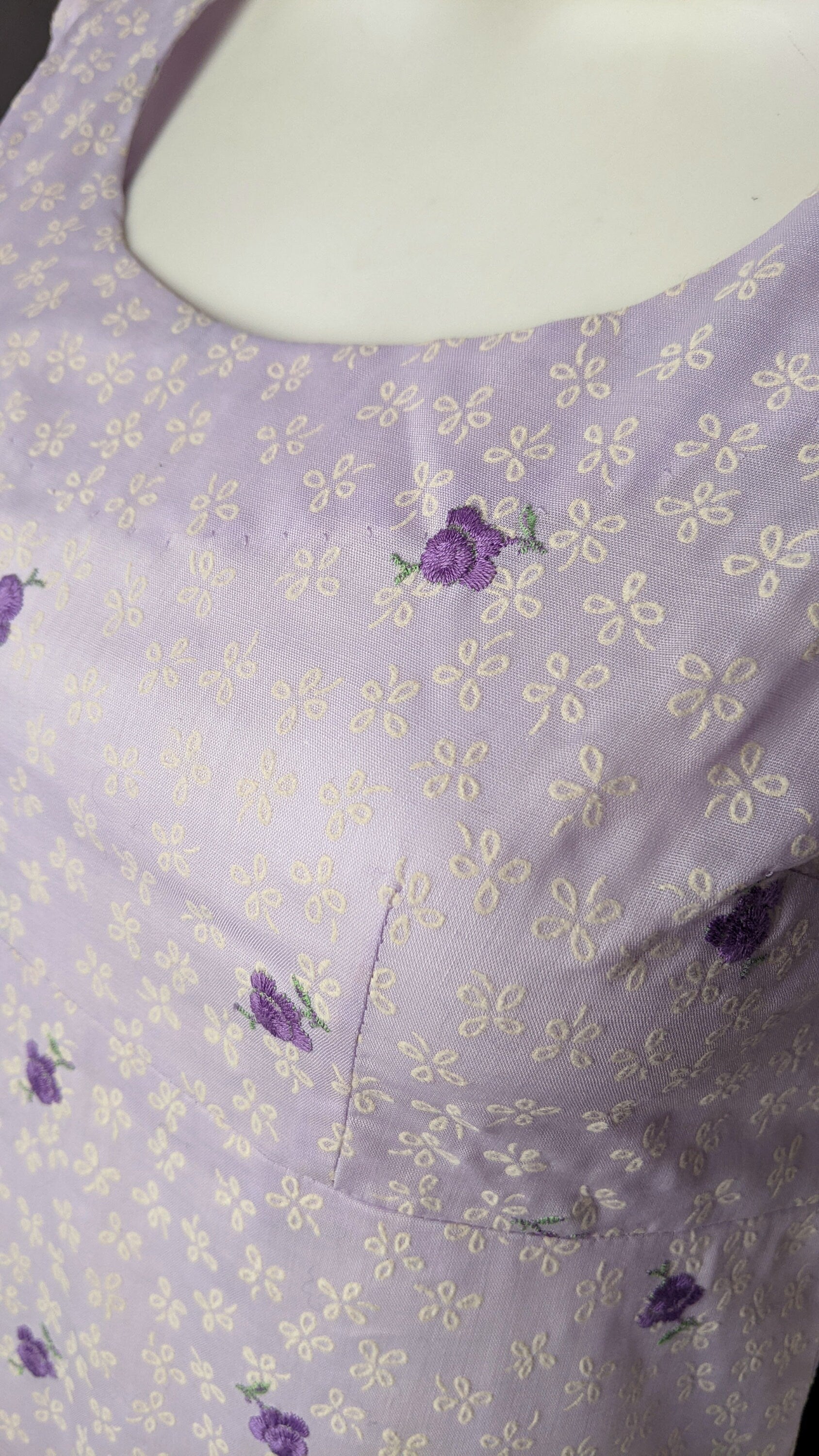 70s Lilac Maxi Dress, Flocked Flowers Empire Waist, Size Small
