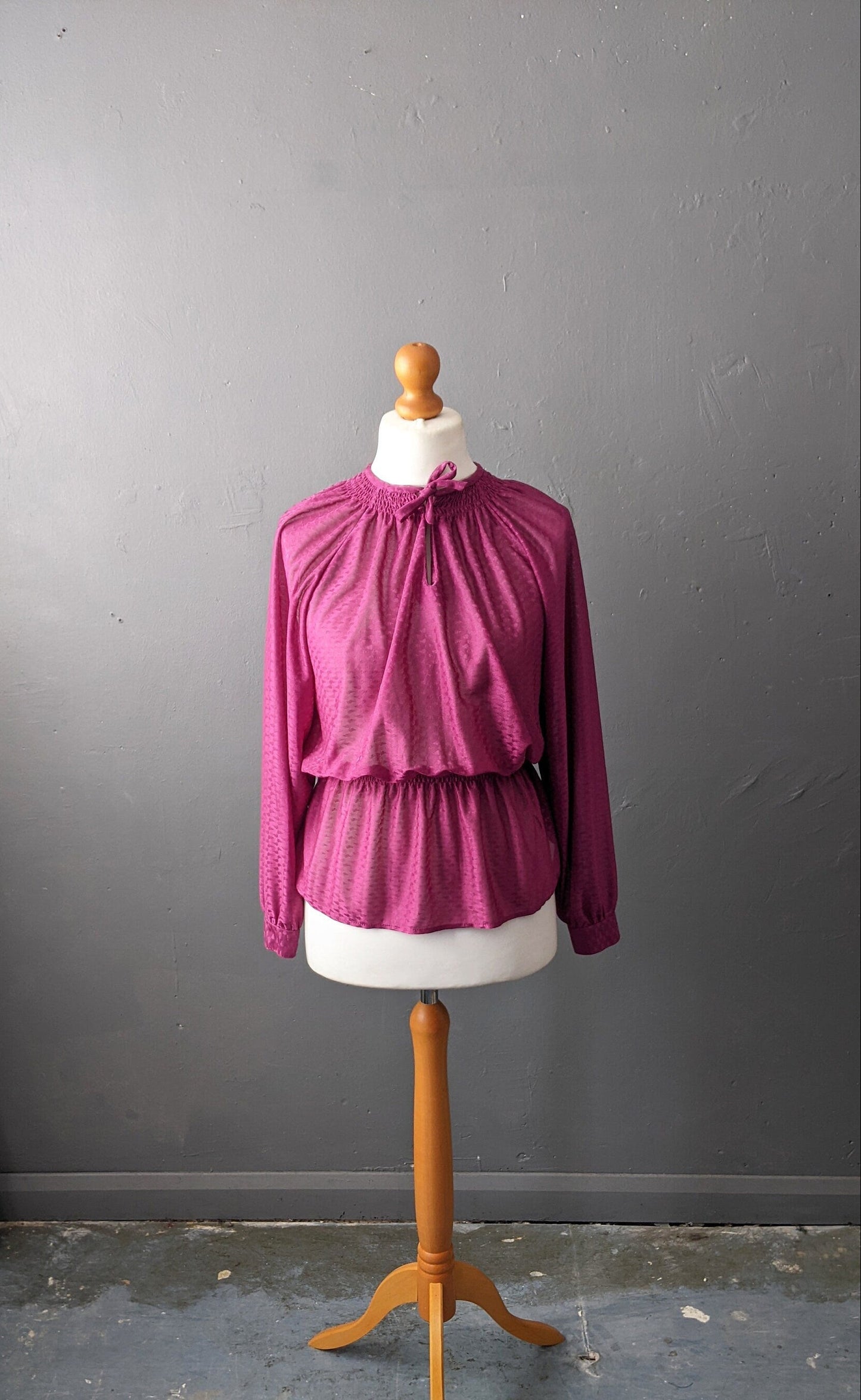 80s Magenta Sheer Blouse with Pussy Bow, Size Large
