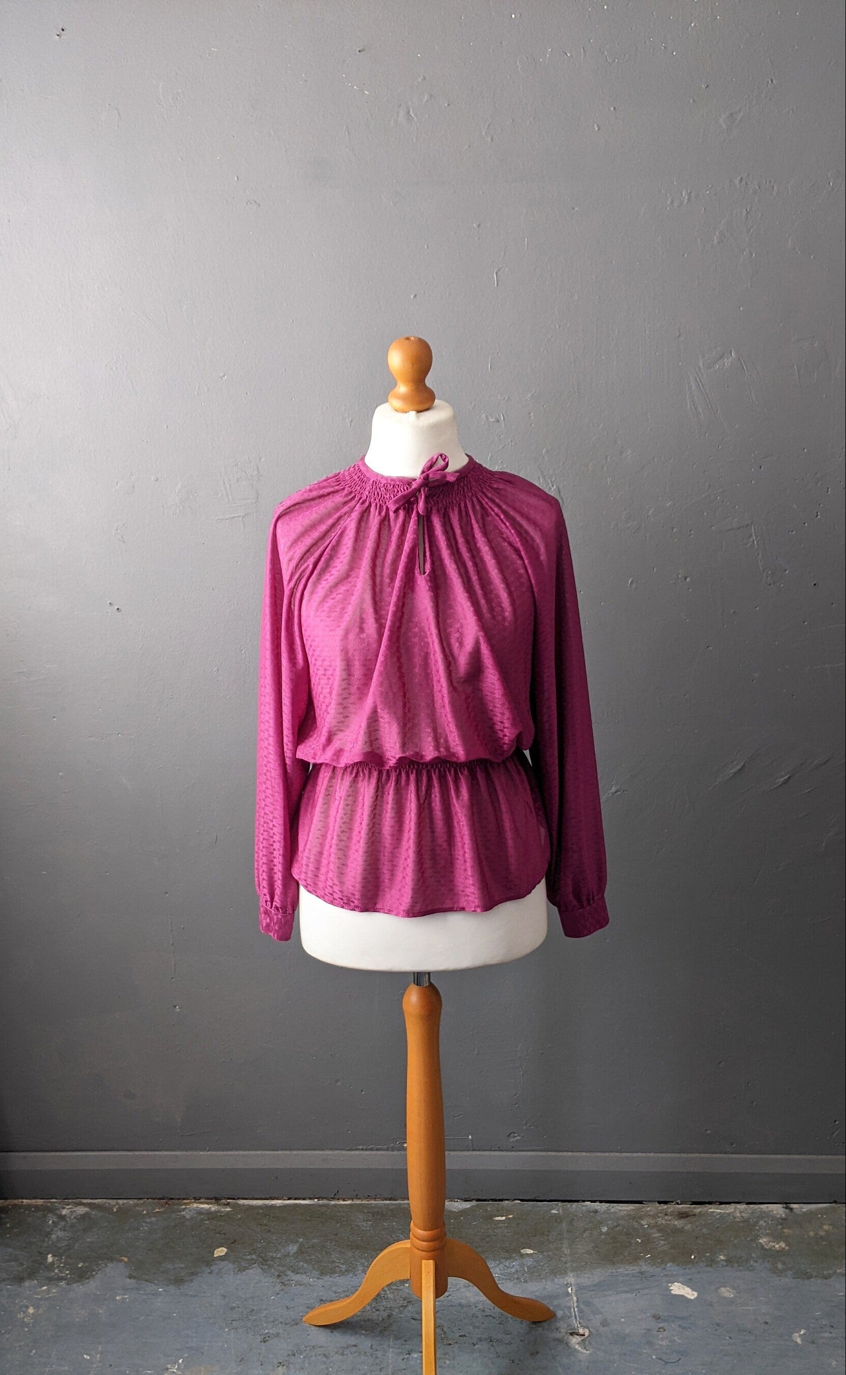 80s Magenta Sheer Blouse with Pussy Bow, Size Large