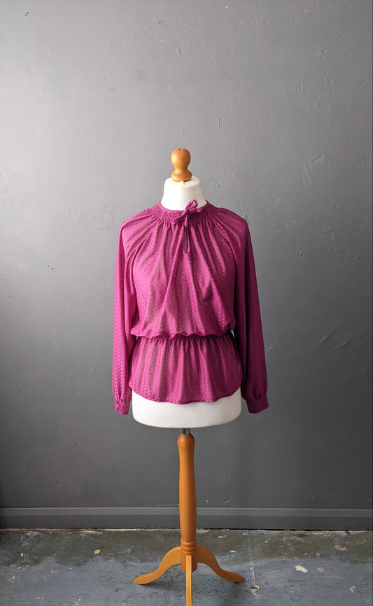 80s Magenta Sheer Blouse with Pussy Bow, Size Large