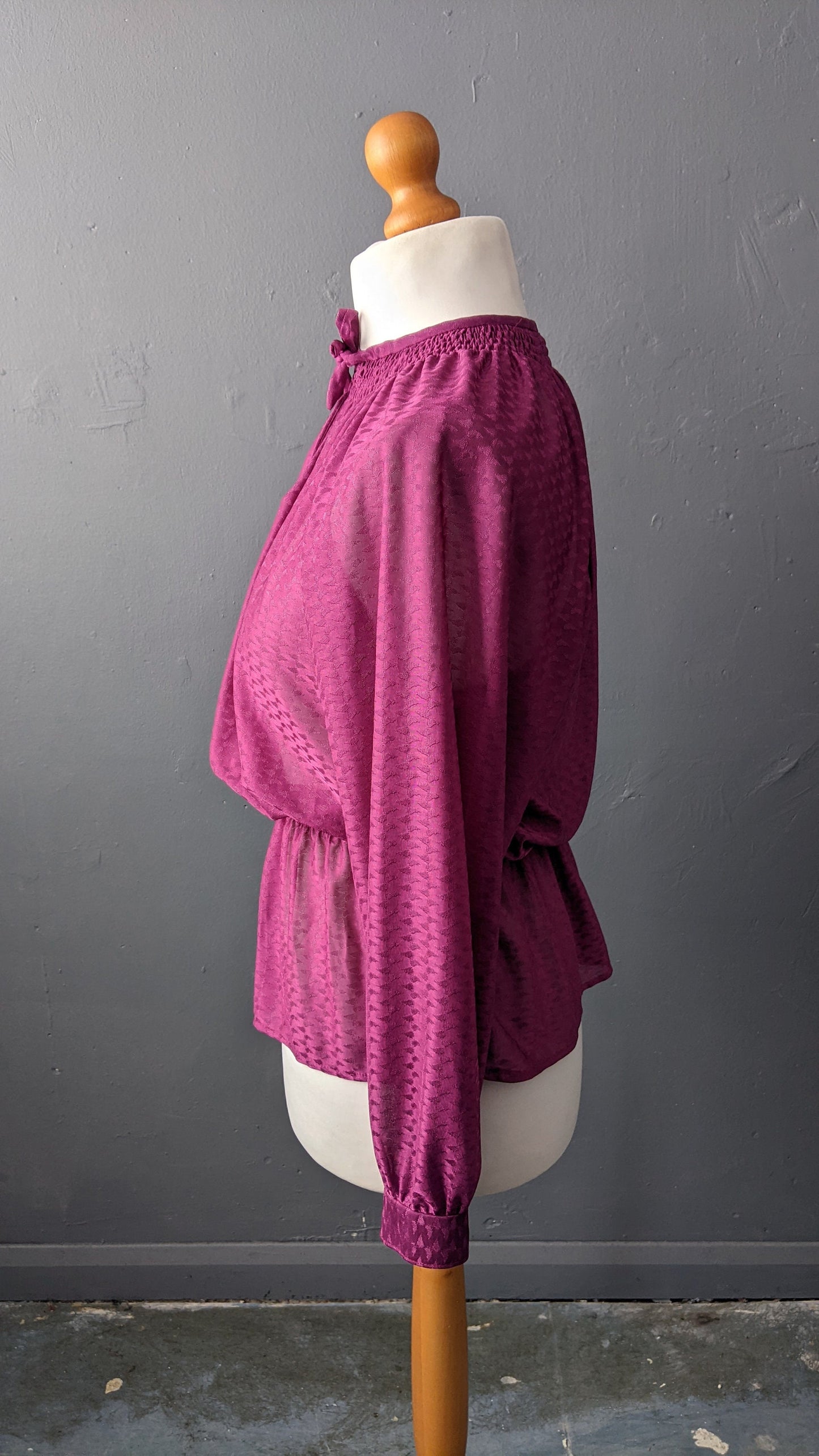 80s Magenta Sheer Blouse with Pussy Bow, Size Large